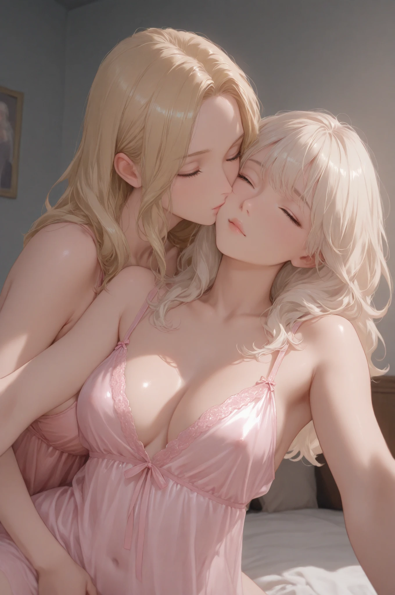2 girls, samus aran and Princess Peach, blonde hair, blue eyes, (frilly), gentle, gentle light, soft, soft light, delicate, jewelry, small breasts, (, frilly thighhighs), sweet, ,  breasts, , dripping, dripping , ass, kissing, 