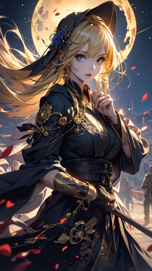 masterpiece, high quality, 4K, Beautiful design, silhouette,blonde, 非常に詳細な夜のStarry Sky,Flower Field, wonderful, Finer details, Very knowledgeable woman, Highly detailed solo, 1 female,,Gothic Lolita Fashion,Japanese sword,Night view,Starry Sky,full moon,