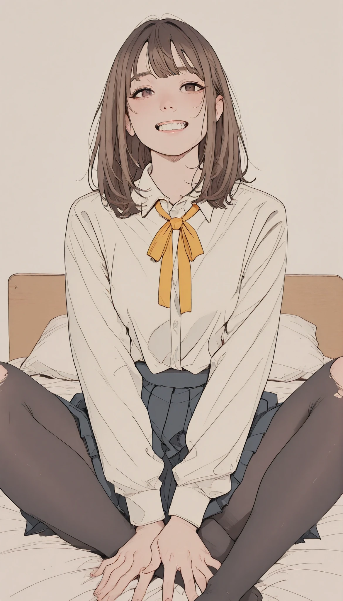 people are sitting on beds, teeth、片手in支えながら上半身が少し後ろに傾くように配置されています. 彼らteeth自然光がシーンをそっと照らすセーラースタイルの制服, と短い白いブラウスが特徴inす, パフスリーブと正面にteeth目立つ赤いリボン. トップスteeth膝のすぐ上に伸びる黒いプリーツスカートと合わせています. Over one shoulder, with a yellow ribbon tied, dark brown hair cascades underneath. I also wear the school symbol。top is arranged with a black pleated skirt that stretches just above the knee {x} sheer black pantyhose with noticeable rips around the knee and thigh, も着用しているようinす, in. 設定teeth最小限の装飾が施されたシンプルな部屋, the edge of the curtain in the background is visible、and you can see neutral-toned sheets on it bed. 雰囲気teethカジュアルinリラックスしています, that shows small breasts.