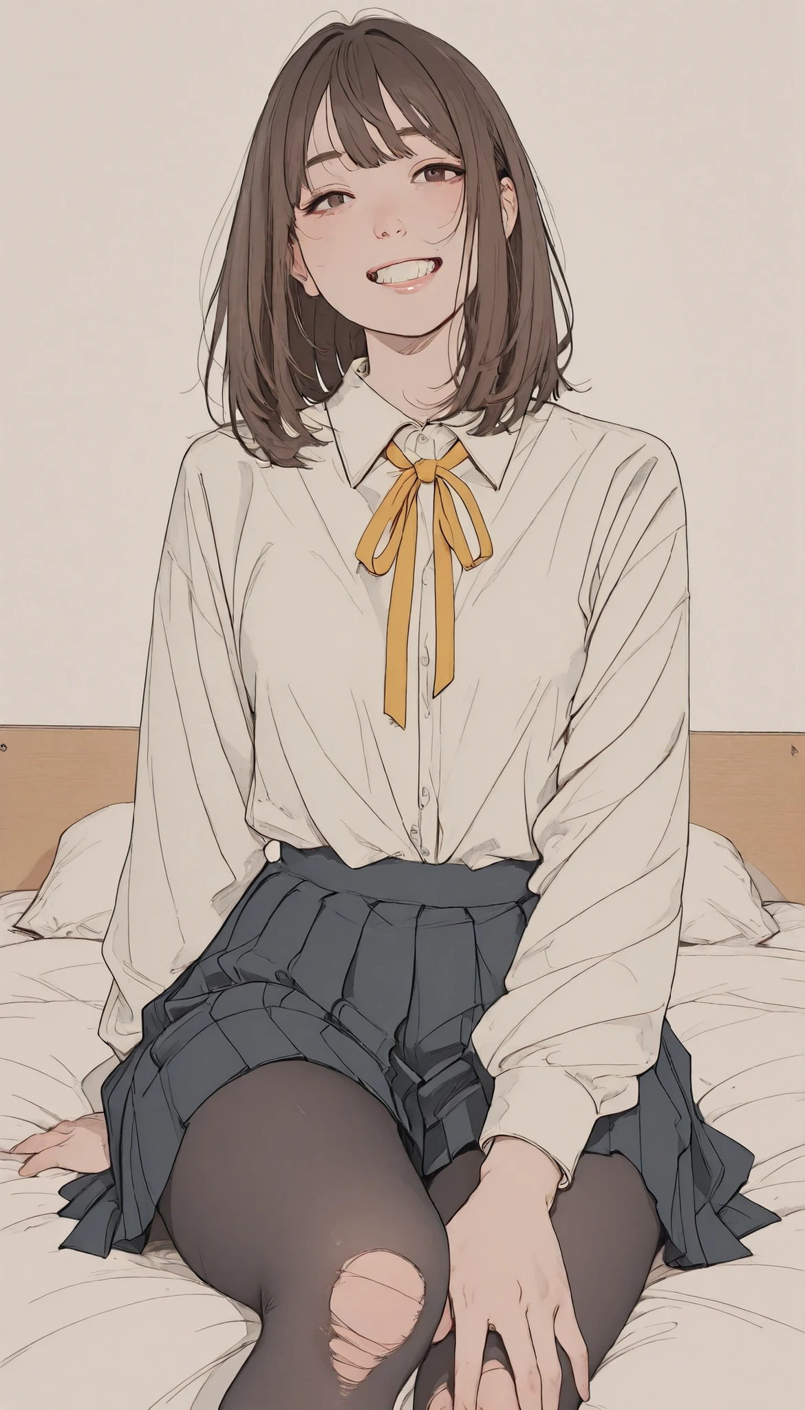 people are sitting on beds, teeth、片手in支えながら上半身が少し後ろに傾くように配置されています. 彼らteeth自然光がシーンをそっと照らすセーラースタイルの制服, と短い白いブラウスが特徴inす, パフスリーブと正面にteeth目立つ赤いリボン. トップスteeth膝のすぐ上に伸びる黒いプリーツスカートと合わせています. Over one shoulder, with a yellow ribbon tied, dark brown hair cascades underneath. I also wear the school symbol。top is arranged with a black pleated skirt that stretches just above the knee {x} sheer black pantyhose with noticeable rips around the knee and thigh, も着用しているようinす, in. 設定teeth最小限の装飾が施されたシンプルな部屋, the edge of the curtain in the background is visible、and you can see neutral-toned sheets on it bed. 雰囲気teethカジュアルinリラックスしています, that shows small breasts.