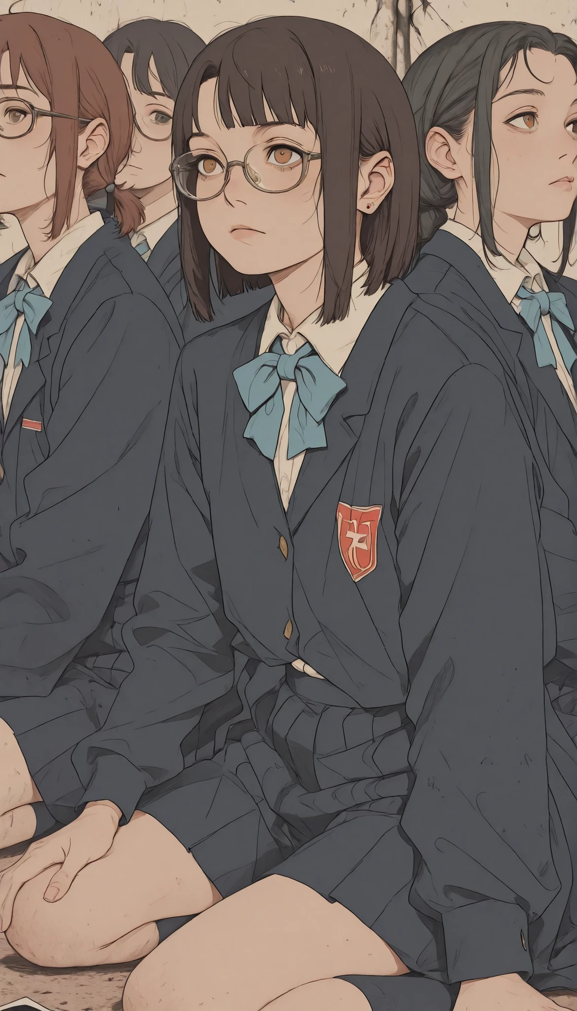 A woman wearing glasses and a bow tie is posing for a photo, close-up Iwakura Lain, Rumiko, Iwakura Lain's close-up sitting on the ground, Iwakura Lain's close-up sitting on the ground, mid closeup , seifuku, Kiyoko Suzuki, Kakinouchi Narumi , anime girl anime moe art style, Yasumoto Oka, Also