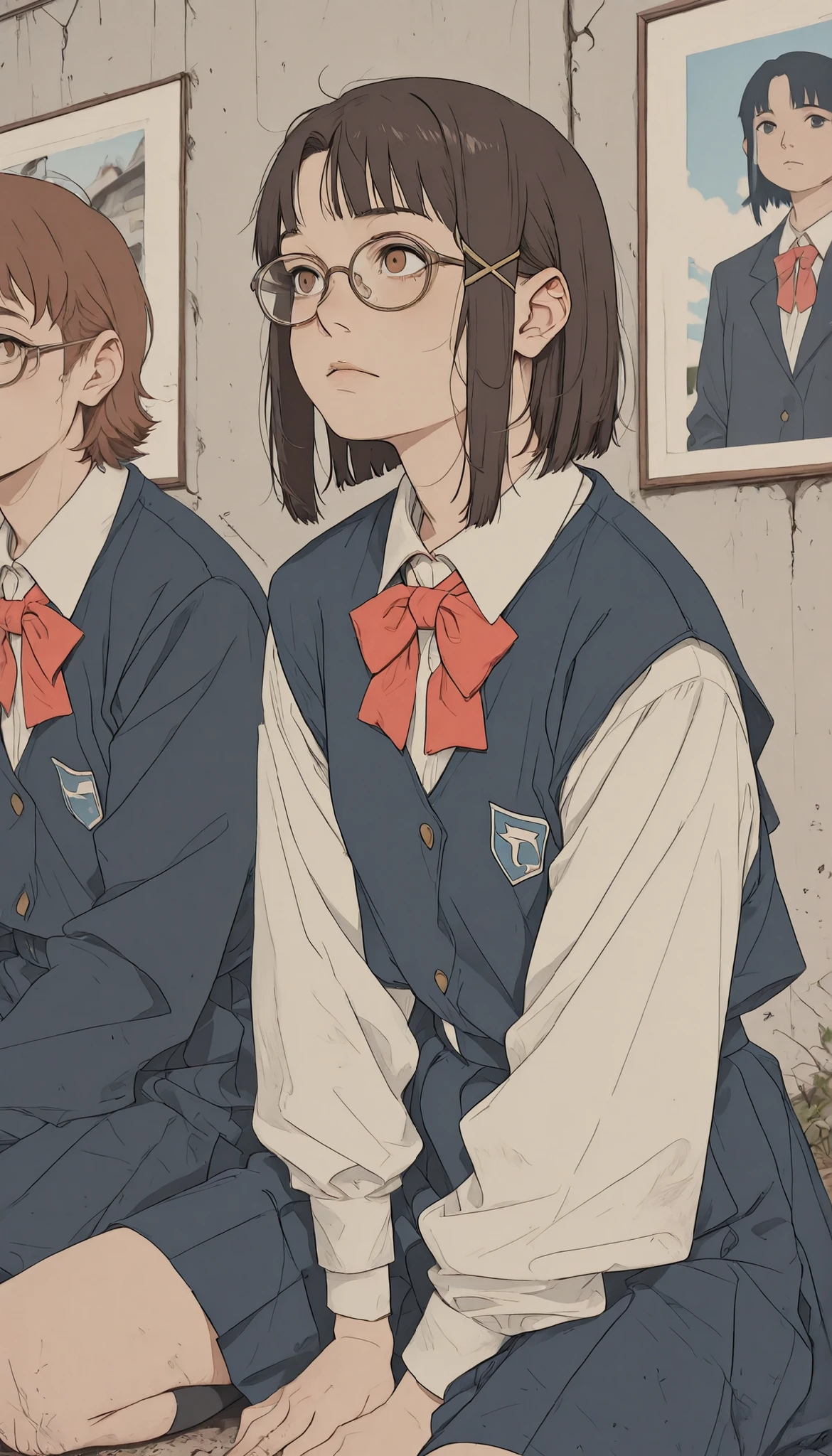 A woman wearing glasses and a bow tie is posing for a photo, close-up Iwakura Lain, Rumiko, Iwakura Lain's close-up sitting on the ground, Iwakura Lain's close-up sitting on the ground, mid closeup , seifuku, Kiyoko Suzuki, Kakinouchi Narumi , anime girl anime moe art style, Yasumoto Oka, Also