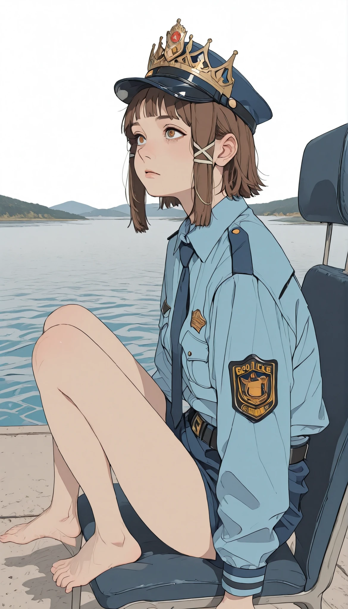 A woman in uniform is taking pictures while sitting on a chair, seifuku, Chiho, Takemura Kimi, police officer, blue uniform, Mayuri Shiina wearing a blue bikini with a crown on her head, close-up Iwakura Lain, wearing a police uniform, tejirogi shiori, runs barefoot on lake, police police officer, Ayaka Cosplay, close-up portrait shot, Yasumoto Oka
