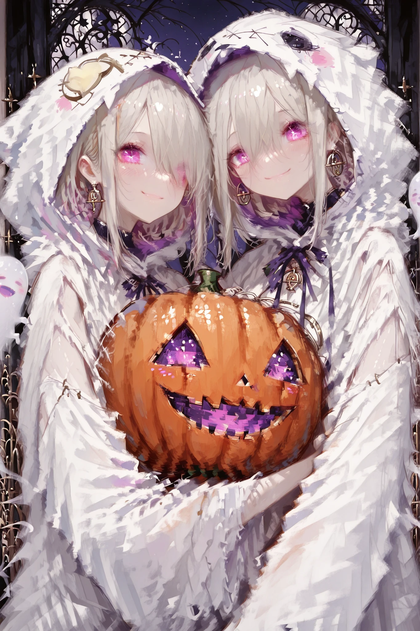 ((extreme detailed cinematic poster)), (masterpiece, detailed:1.2), golden ratio, highest quality, Ultra High Quality, refined and graceful, beautiful and charming ghost cosplay girls, 2 girl, hug each other, 
cute face, kawaii, eyes closer together, correct eye distance, balanced face, symmetrical eyes, perfect eyes, perfect face, extreme detailed eyes, extreme detailed face, focus eyes,

beautiful and charming ghost cosplay girl,  
cute white ghost costume, upper body,
 smiling expression, 
standing beside a pumpkin lantern,  
background is a Western-style mansion entrance at night, warm candlelight, gentle shadows,  
refined and graceful Halloween night, fantasy yet tasteful design, SFW, solo,  
clean line art, delicate shading, cinematic lighting, depth of field, soft tones, whimsical mood. symmetrical face, eyes closer together, correct eye distance, balanced face, symmetrical eyes,