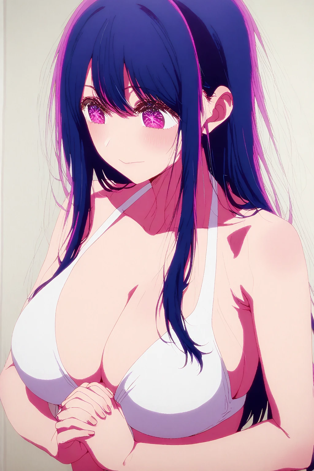(masutepiece, Best Quality), ((1girl in, (Mature), Hoshino Ai, ), (Dark purple hair, Long hair, striated hair, Beautiful hair, Hair Ornament), (Purple eyes, star-shaped pupils, +_+, Symbol-shaped_Pupils, glinting_Eyes, Beautiful eyes, Eye Highlights, Sharp eyes), (Looking at the viewer, Smile, Black Bikini、huge-breasted)), (Light color background, the beach), (Abstract Art, hight resolution, chromatic abberation), (idol),