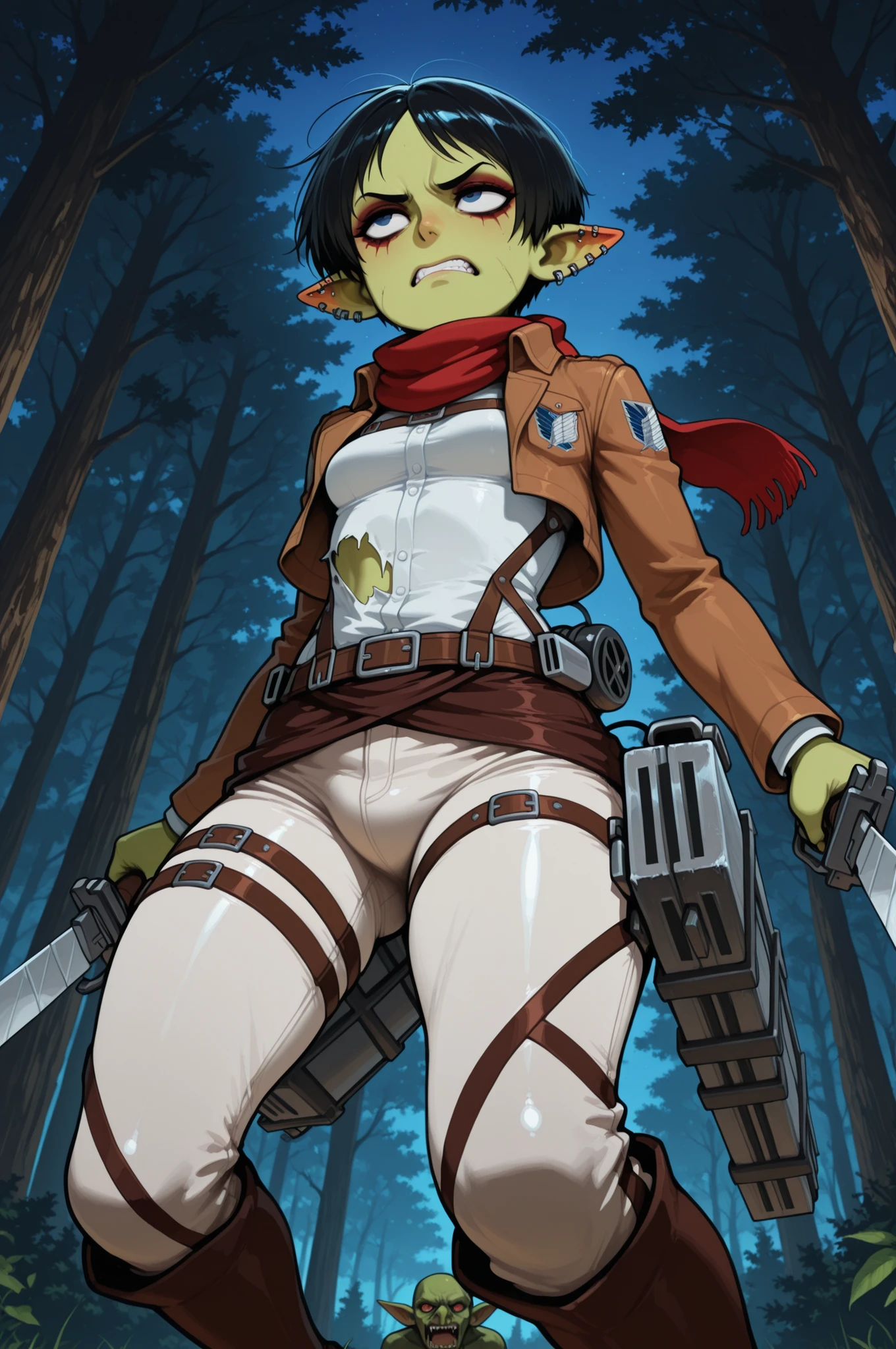 female punk, greasy pink very short hair, black eye , facial piercings, eye makeup, small breasts, meduim hips, boy. crossdressing, femboy. (goblin girl:1.0) (shortstack:1.0) (green skin:1.0) (pointy ears:1.0) (wide hips:1.0)| attack on titan, anime coloring, anime screencap, TRexStyle, from below, 1girl, grimace, looking away, BREAK white shirt, thigh strap, cropped jacket, red scarf, white pants, survey corps_\(emblem\), torn clothes, torn pants, torn shirt, BREAK (fighting stance), flying, midair, holding weapon, sword, dual wielding, three-dimensional maneuver gear, wires, outside, (night), forest, (huge trees), masterpiece, best quality, amazing quality, newest, absurdres, highres