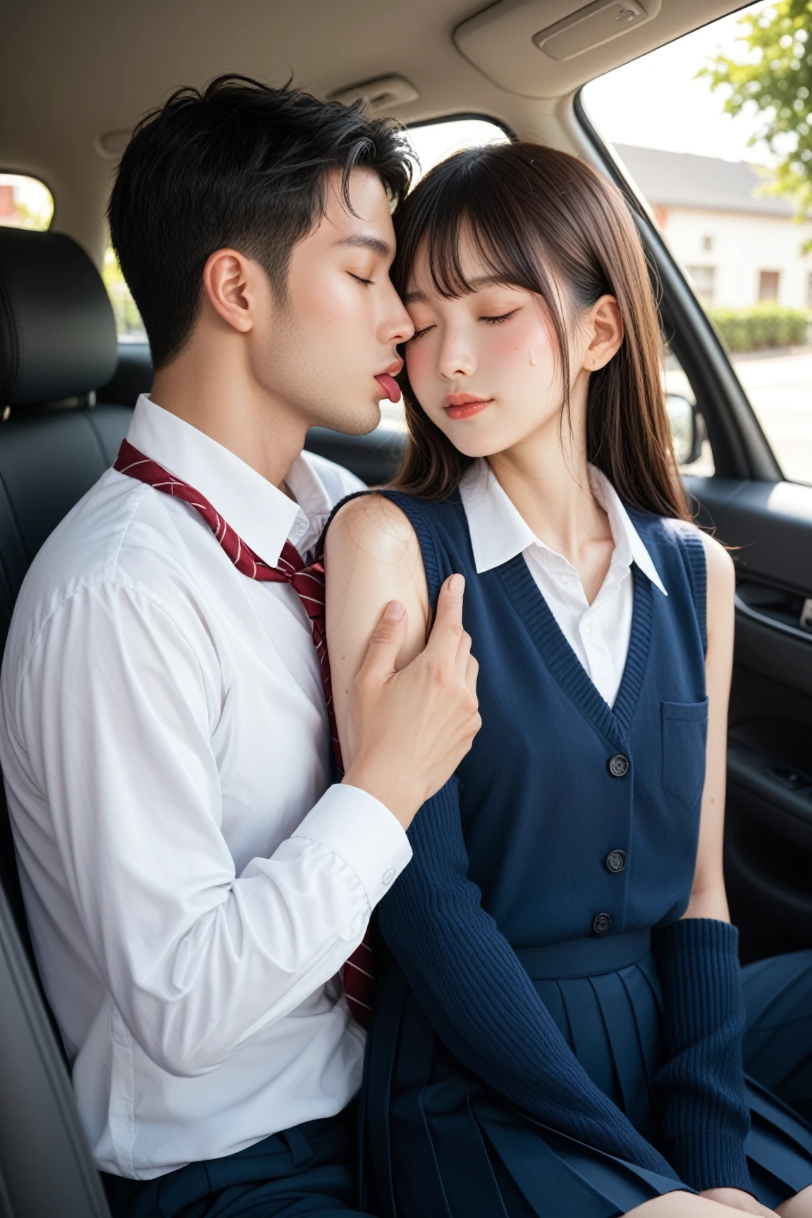 (A man and a woman at the table)woman facing dining table.Lying on the table. The skirt is pulled up to the waist. Man hugging woman'Waist .The old man pushes the car .
