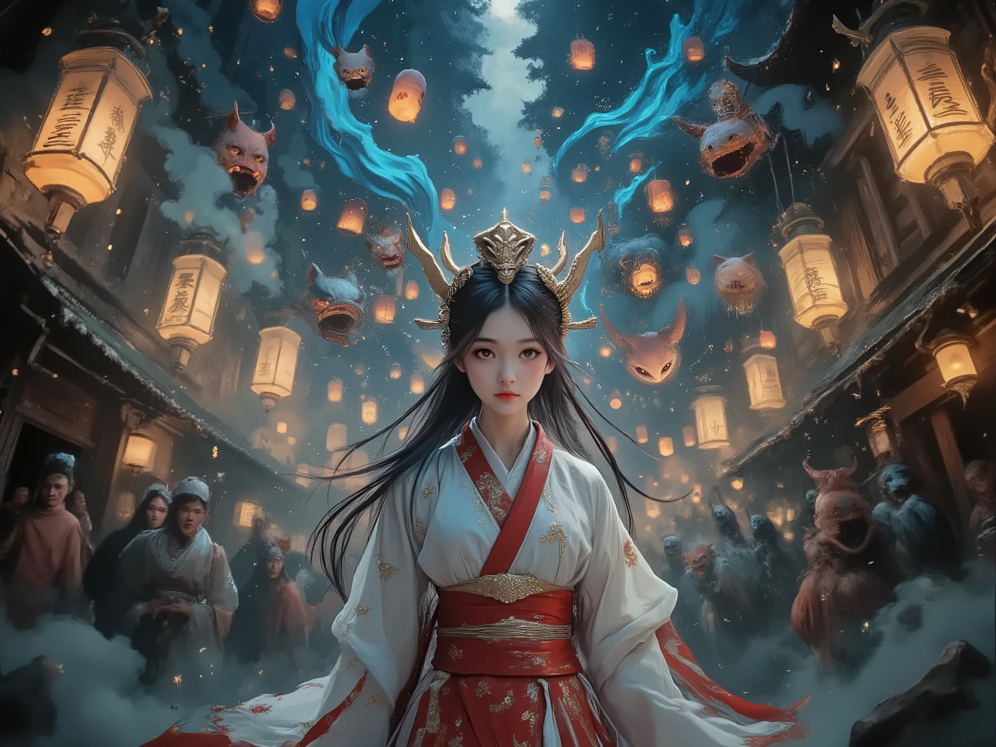  a vivid scene set in the heavenly realm where the Jade Emperor, dressed in ornate imperial robes with intricate golden embroidery, meets a humble young farmer. The Jade Emperor stands in front of a majestic celestial palace with golden spires and shimmering clouds, exuding an aura of divine authority and benevolence. The young farmer, wearing simple traditional clothing and holding a straw hat, looks up in awe and respect. Surround them with ethereal elements such as floating lanterns, mythical creatures like dragons and phoenixes, and vibrant celestial flora. The sky should be filled with a soft, golden light, symbolizing the divine presence and the sacred nature of the encounter