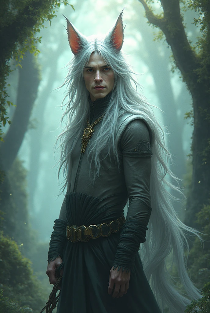 Man with long silvery hair and cat ears - SeaArt AI
