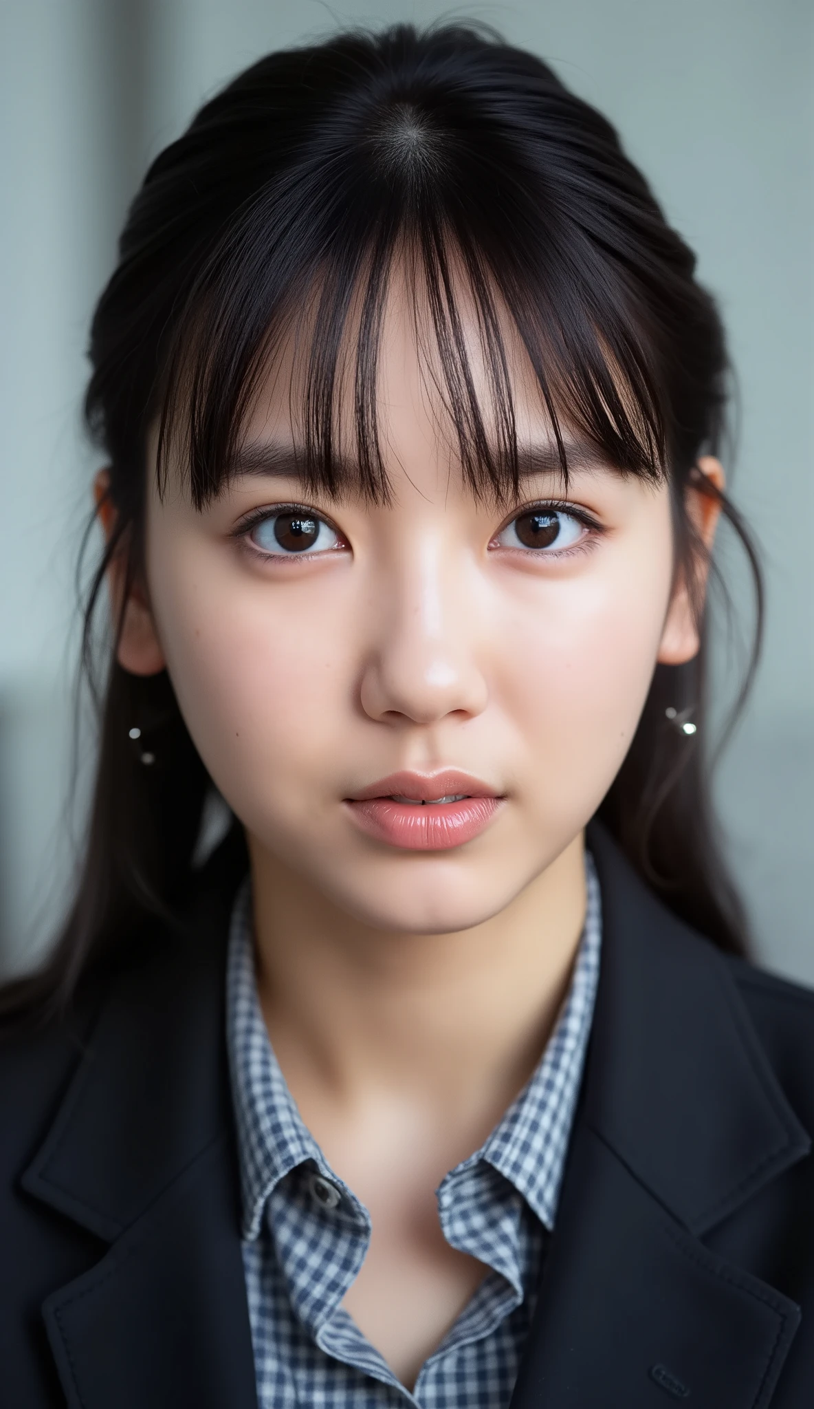 Neat Young Woman、looking at the camera、office lady suit、jacket、shirt、Ear piercings、has bangs 、dark eyeshadow、、No expression、has closed its mouth、face close-up、The background is office