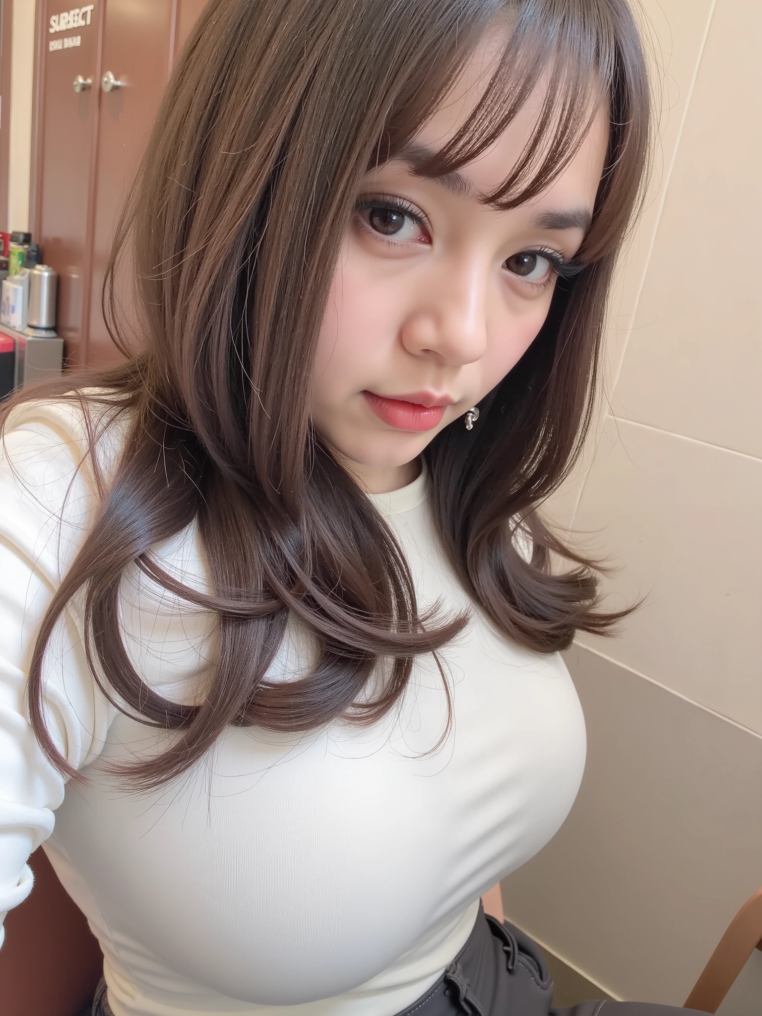 A high-resolution cinematic photograph of a 30-year-old indonesia woman seated in a waiting chair row inside an examination hall moments before questions are distributed, her East Asian features illuminated by soft neutral overhead lighting; she wears a beige no-collar jacket over a white T-shirt, paired with dark brown slim trousers, and a fine metal-frame eyeglass rests along her nose; shoulder-length wavy black hair cascades naturally, catching faint highlights from a side lamp; her right hand holds a smartphone at chest level, thumb gently tapping the glowing screen, left hand poised beneath for balance; her posture upright but slightly leaned forward, back barely touching the chair; beside her, a transparent file rests on the adjacent seat revealing papers within, and a silver water bottle cap glints faintly on the chair ahead; the wall bears a freestanding sign listing subject titles, its reflection mirrored on polished tiles; the composition is medium close-up from 45° front using a 50mm DSLR lens, depth of field shallow enough to isolate her hands and device; lighting balanced at 4600K with subtle backfill from corridor daylight, providing gentle contrast across skin tones and jacket texture; every surface—fabric seams, smartphone bezel, hair strands, sign typography—rendered in photoreal clarity; atmosphere: internal focus, controlled anxiety, a modern intellect poised for impact.