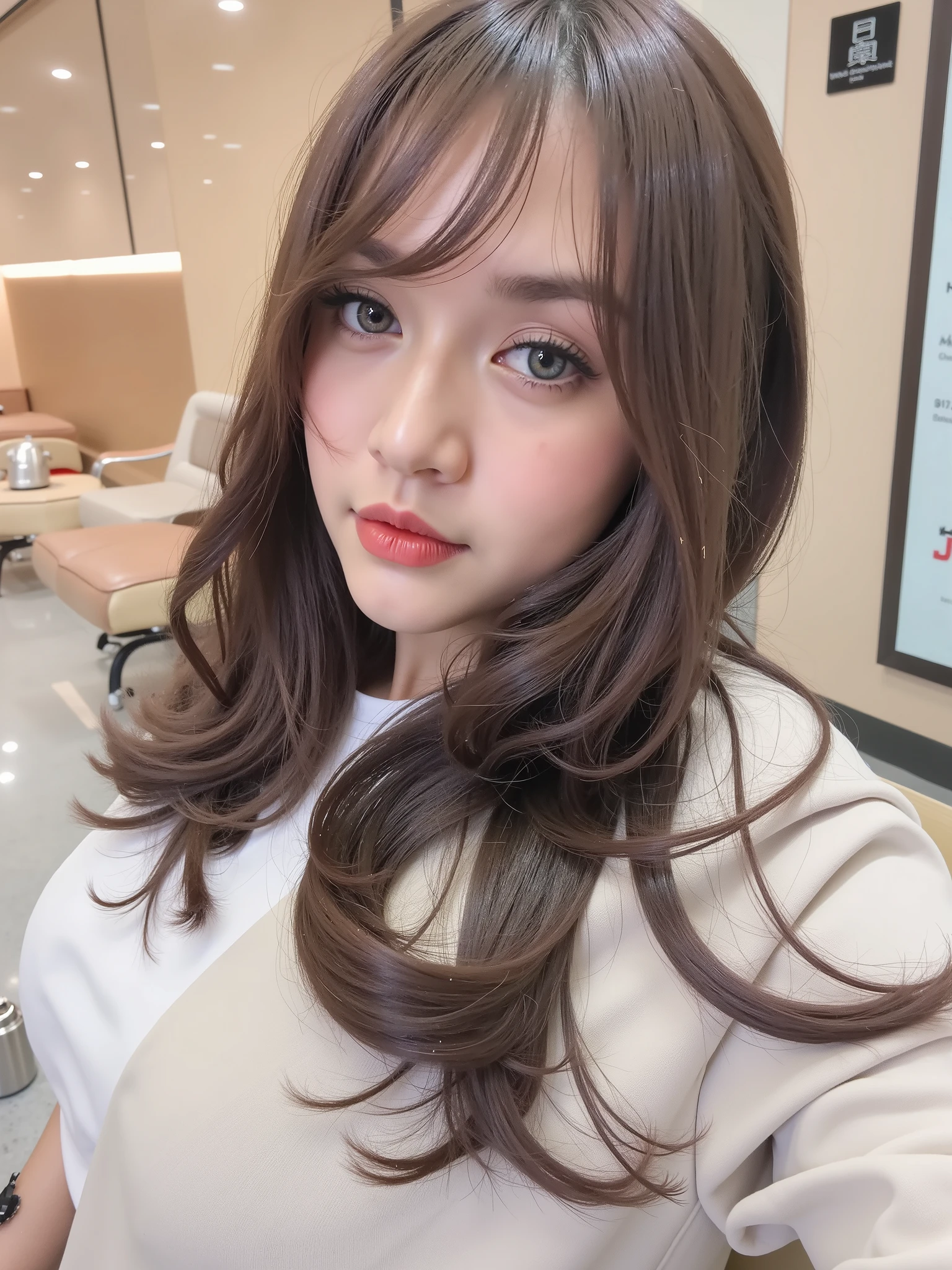 A high-resolution cinematic photograph of a 30-year-old Japanese woman seated in a waiting chair row inside an examination hall moments before questions are distributed, her East Asian features illuminated by soft neutral overhead lighting; she wears a beige no-collar jacket over a white T-shirt, paired with dark brown slim trousers, and a fine metal-frame eyeglass rests along her nose; shoulder-length wavy black hair cascades naturally, catching faint highlights from a side lamp; her right hand holds a smartphone at chest level, thumb gently tapping the glowing screen, left hand poised beneath for balance; her posture upright but slightly leaned forward, back barely touching the chair; beside her, a transparent file rests on the adjacent seat revealing papers within, and a silver water bottle cap glints faintly on the chair ahead; the wall bears a freestanding sign listing subject titles, its reflection mirrored on polished tiles; the composition is medium close-up from 45° front using a 50mm DSLR lens, depth of field shallow enough to isolate her hands and device; lighting balanced at 4600K with subtle backfill from corridor daylight, providing gentle contrast across skin tones and jacket texture; every surface—fabric seams, smartphone bezel, hair strands, sign typography—rendered in photoreal clarity; atmosphere: internal focus, controlled anxiety, a modern intellect poised for impact.
