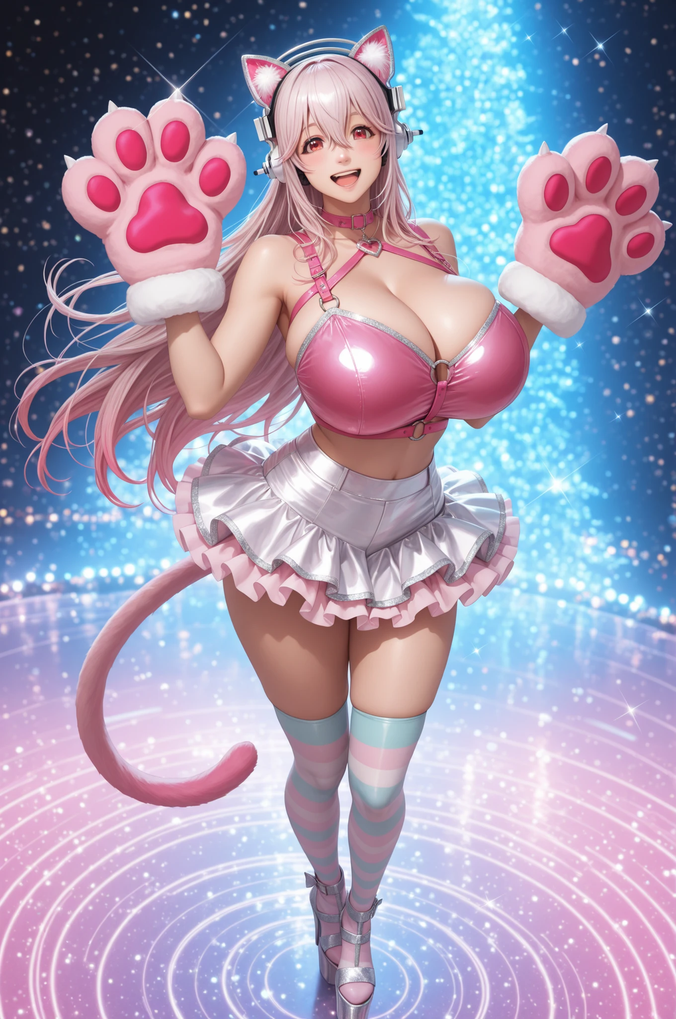 hyperdetailed drawing, perfect quality, high quality, masterpiece, absolutely eye-catching, absurdres, newest, detailed eyes, perfect eyes, realistic eyes, (beautiful and aesthetic), very awa, newest, cinematic light, pinup girl pose, 1girl, super sonico, long hair, pink hair, looking at viewer, smile, open mouth, hair between eyes, jewelry, very long hair, gradient hair, pink hair, white hair, full body, fake animal ears, pink cat ears, animal hands, large pink cat paws, cat claws, cat tail, gigantic breasts, frilly micro skirt, tight skirt, pink crop top, sleeveless, white skirt, silver headphones, red eyes, sparkle, floating hair, depth of field, white footwear, striped thighhighs, happy, light blush, light particles, silver trim, glint, platform footwear, pink harness, colorful, alternate costume, artistic background