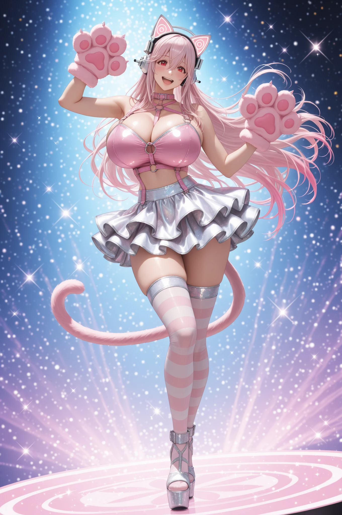 hyperdetailed drawing, perfect quality, high quality, masterpiece, absolutely eye-catching, absurdres, newest, detailed eyes, perfect eyes, realistic eyes, (beautiful and aesthetic), very awa, newest, cinematic light, pinup girl pose, 1girl, super sonico, long hair, pink hair, looking at viewer, smile, open mouth, hair between eyes, jewelry, very long hair, gradient hair, pink hair, white hair, full body, fake animal ears, pink cat ears, animal hands, large pink cat paws, cat claws, cat tail, gigantic breasts, frilly micro skirt, tight skirt, pink crop top, sleeveless, white skirt, silver headphones, red eyes, sparkle, floating hair, depth of field, white footwear, striped thighhighs, happy, light blush, light particles, silver trim, glint, platform footwear, pink harness, colorful, alternate costume, artistic background