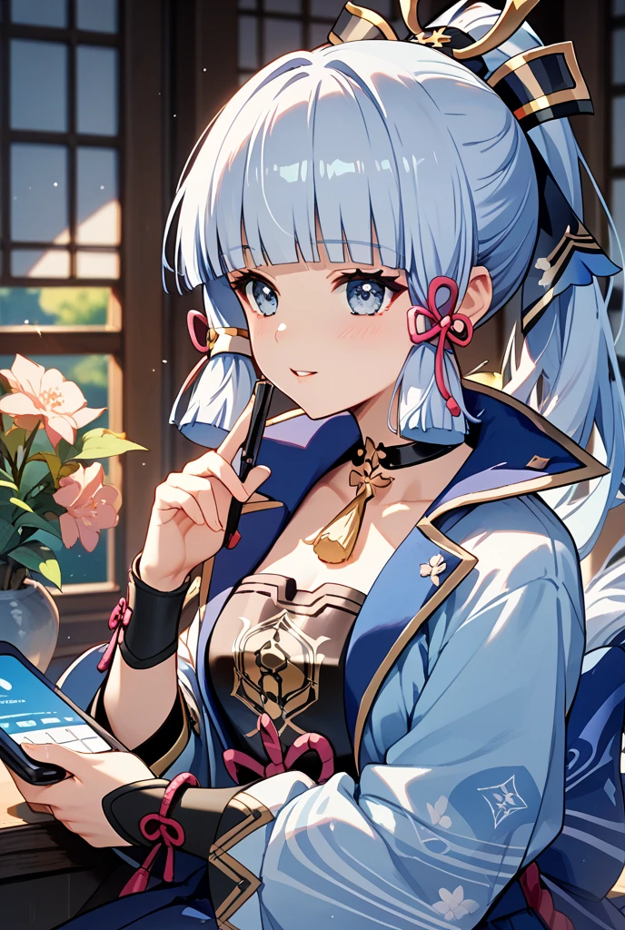 Kamisato ayaka, Cute, detailed, high resolution, hd, wearing ayaka clothes, , , pink lips, hand on chin, a smirk