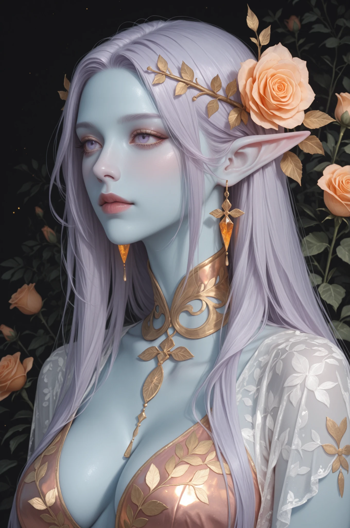 digital painting, blue skin, ethereal elf girl with long, flowing, light purple hair, wearing a delicate orange and rose-gold adornment in her hair and around her neck. Focus on soft, pastel, and muted colors with a light, whimsical style and detailed, realistic facial features, emphasizing soft highlights on the skin and hair and intricate, delicate patterns, holographic details, masterpiece, best quality,absurdres 