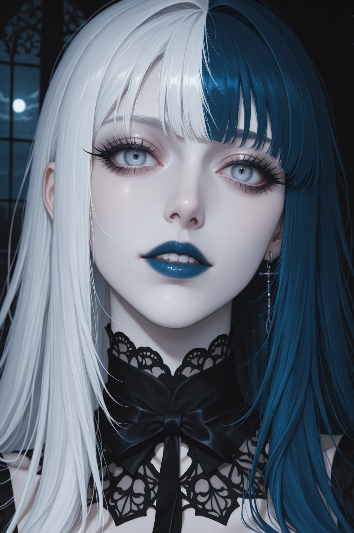 1girl, looking at viewer, close-up, split-color hair, blue hair, white hair, long eyelashes, goth girl, dark theme, moonlight, partially illuminated, pale skin, dark theme, blue lipstick

