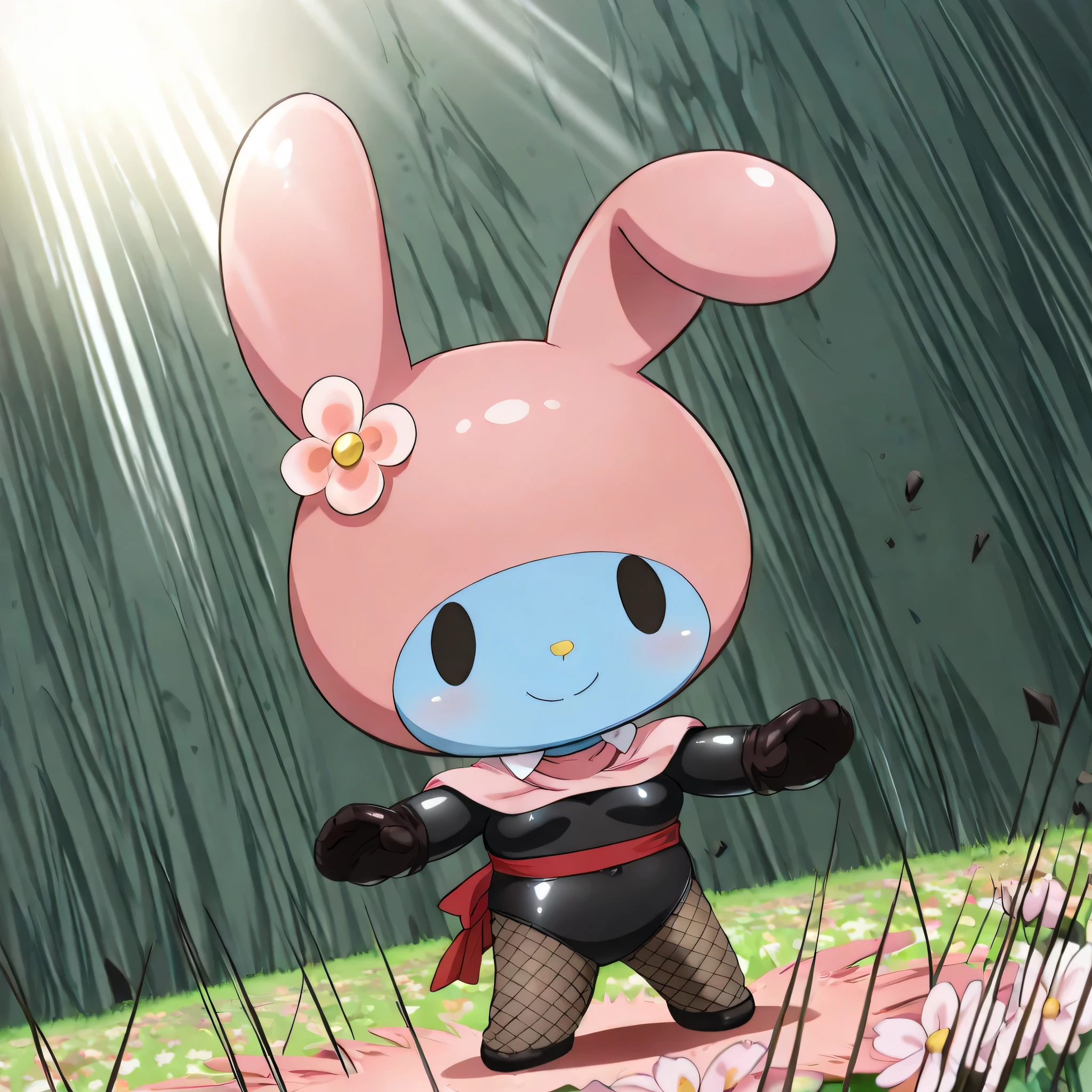 (((Masterpiece))), (((Best Quality))), ((Super Detail)), ultra-High resolution, score_9,score_8_up,score_7_up,score_6_up,score_5_up,score_4_up, BREAK, source_anime, anime screencap, uncensored, Masterpiece, (best shadow), (absurdres), (detailed background), (very aesthetic), detailed beautiful eyes, outstanding, an exquisite animation illustration, curvy, highres, shiny clothing, dark persona, empty eyes, blank eyes, shocker, black leotard, latex elbow gloves, brown fishnet pantyhose, blue skin, colored skin, red sash, makeup, red skin, (((solo, 1girl))), hair ornament, seductive pose, submissive pose, anime style, anime coloring, animification, megami magazine, sexy pose, dynamic angle, cinematic angle, dutch angle, small breast, (((mymelo, flower, pink flower, furry, pink capelet, solid oval eyes, black eyes, chibi, feral, no hair, pink bunny ears))), smile, blood splatter, gore, shaded face, flower, flower field, flower petal, petal, wind, windy, dappled light, sunbeam, debris, fighting, fighting stance, dynamic pose, action pose, dynamic angle, cinematic angle, dutch angle, standing, full body, incoming attack, speed line, motion line, foreshortening, attack, apocalyptic background, apocalyptic, explosion