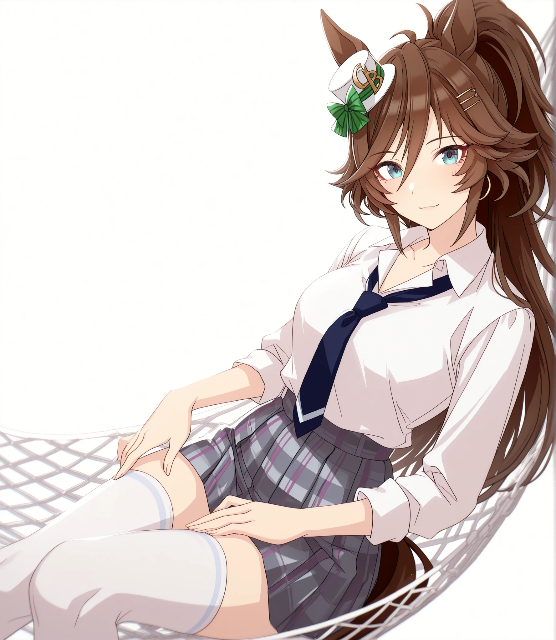 masterpiece, , absurdres, highres, detailed background, high resolution, masterpiece, necessary, detail, best quality, quality, necessary, details, High details, Precise, dark, (white background, simple background) , sunlight, ((dutch angle)), from above,
1girl, , umamusume style, tomari style, solo, <lora:XL-Tomari-veryberry00-ILXL:1>, (aged up:1.2), head tilt, sitting ,hammock, earing,
tall girl, mr. c.b. , (slim body, slim arms), \(umamusume\), (green blue eyes), brown hair, hair ornament, ((high ponytail)), tsurime, (white shirt, opemn collared shirt), necktie, gray skirt, plaid skirt, white thighhighs, ,long-sleeve, ((touching thigh)), light smile, ,
(), , , small , looking at viewer, , (pale skin),