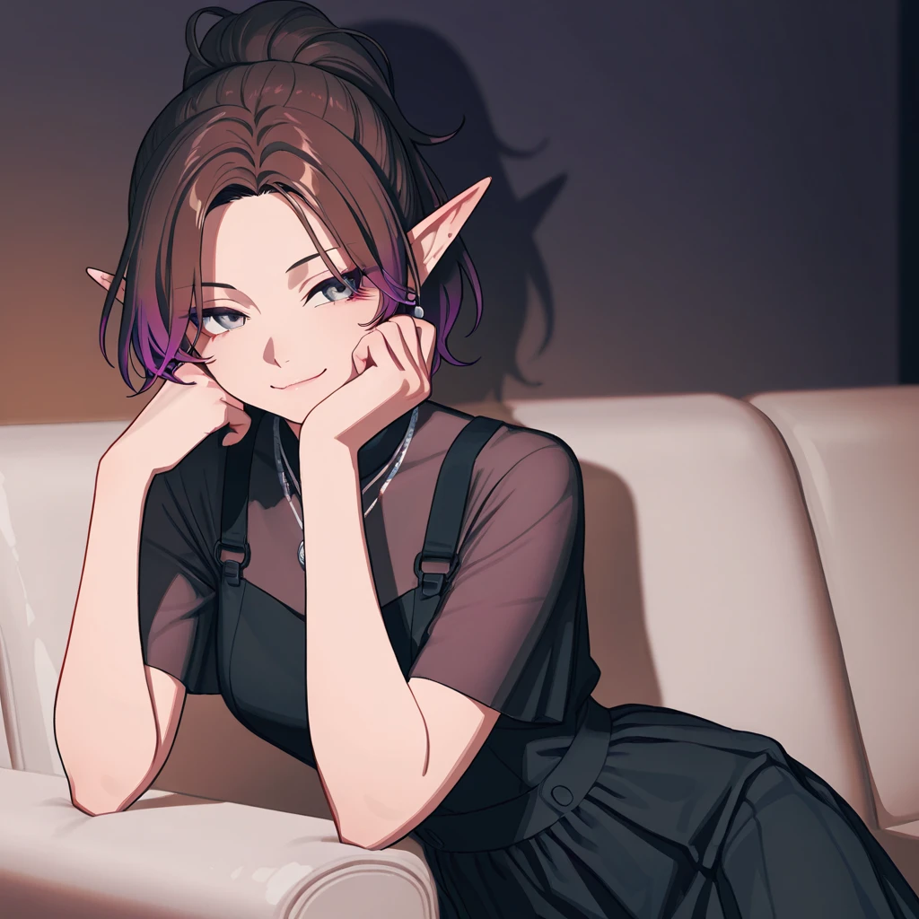 ((highest quality, best quality, masterpiece, ultra high definition, high dynamic range, ultra high resolution)), ((ultra-detailed illustrations:1.2)), 1 girl, solo, anime style, dynamic lighting, dynamic angle, looking at viewer, indoor, office, (beautiful detailed face, beautiful detailed skin, shiny skin, mole under the eyes, pointed ears, mid-), (beautiful detailed hair, parted bangs, long hair, black hair, dark purple hair, multi colored hair), (beautiful detailed eyes, beautiful detailed pupils, violet eyes), (white shirt, collared shirt, short sleeves, black , pantyhose)