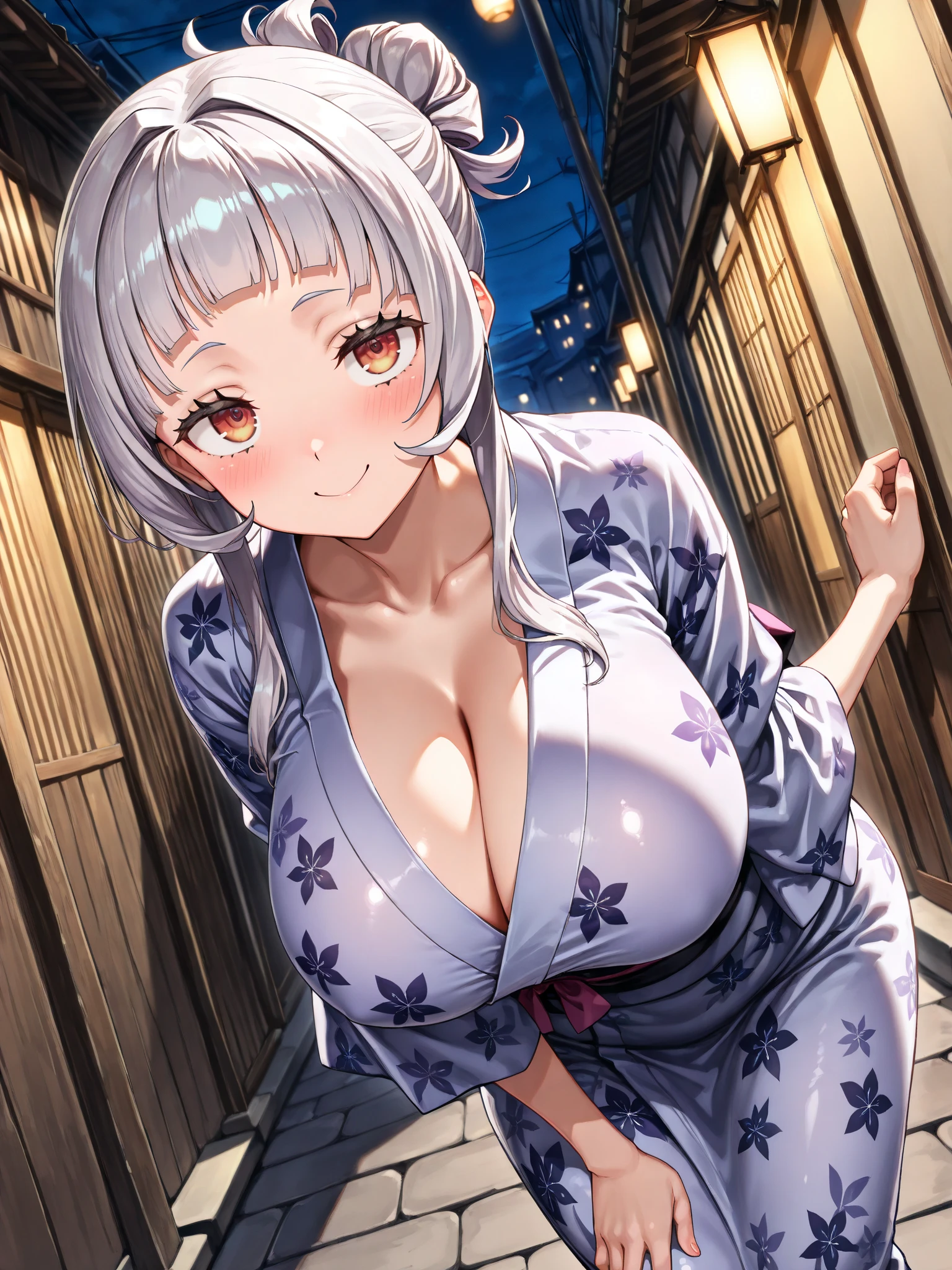 ((one personの女性)), Beautiful Face,Laughing embarrassedly,Laughing with your mouth open,((Bright red cheeks)),Glossy pink lips,night,Port street lamp,firework,((Anime style background)),masterpiece, highest quality, so beautiful, Latest, Complex details, (Pink long nails),ring,AI-generated, Complex,High resolution, highest quality, super high quality,3D Images、View your viewers、3D Images,one person,Long white hair,High Ponytail,blue eyes,Anime woman posing for a photo, ((Fine grain、Colorful eyes、Shining Eyes:1.1)),(Squint your eyes:1.1),a hyperRealistic , hyperRealistic , Realistic,Anime woman with long and white hair, Smooth anime CG art, A woman in a colorful kimono with gold embroidery, (Black kimono),Red floral pattern,Long flower hair ornament,Big earrings,,Mature Body,(Big Breasts:1.2)Tall,Big Ass,Fine details,Narrow waist,(Face close-up:1.4),Tilt your face, ,(Holding the breast)