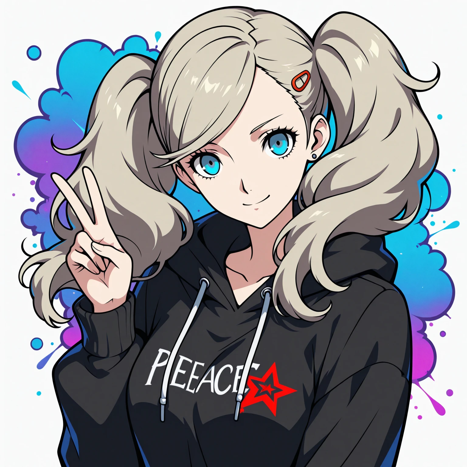(absurdres, 8k, 4k, masterpiece, hyper extreme detailed:1.2), solo, 1girl, front view, perfect face, 1girl, portrait, looking at viewer, solo, standing, Female, toned body, mature female, , pale, blonde hair, medium hair, sarcastic, delinquent, purple eyes, swept bangs, scars, casual wear, street wear, gross, messy, dirty, bloody, snarky, smirk, medium body, gyaru, crazy face, crazy smile, crazy eyes, hands on , shorts, wind, windy hair, moving hair, black ribbon, hair buns, adventurous, scarf, gloves, draping hair, eye patch, shirt,