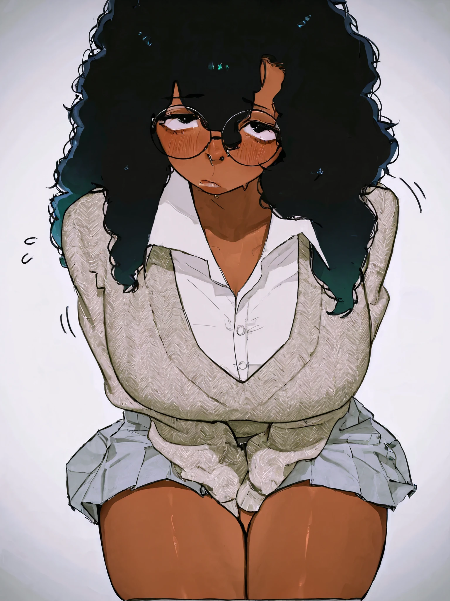 score_9, score_8_up, score_7_up, score_6_up, score_5_up, score_4_up, 
BREAK
(masterpiece: 1.0), best quality, perfect , perfect composition, perfection,
BREAK
cinematic lighting, stopu42
BREAK
1girl, round glasses, curly hair, black eyes, nose piercing, hair between eyes, curly hair, long hair, brown skin, lighter lip color, from above, school outfit, white shirt, pale green sweater, grey green skirt, thick thighs, hands on lap, looking up at viewer, blush, nose piercing, 
