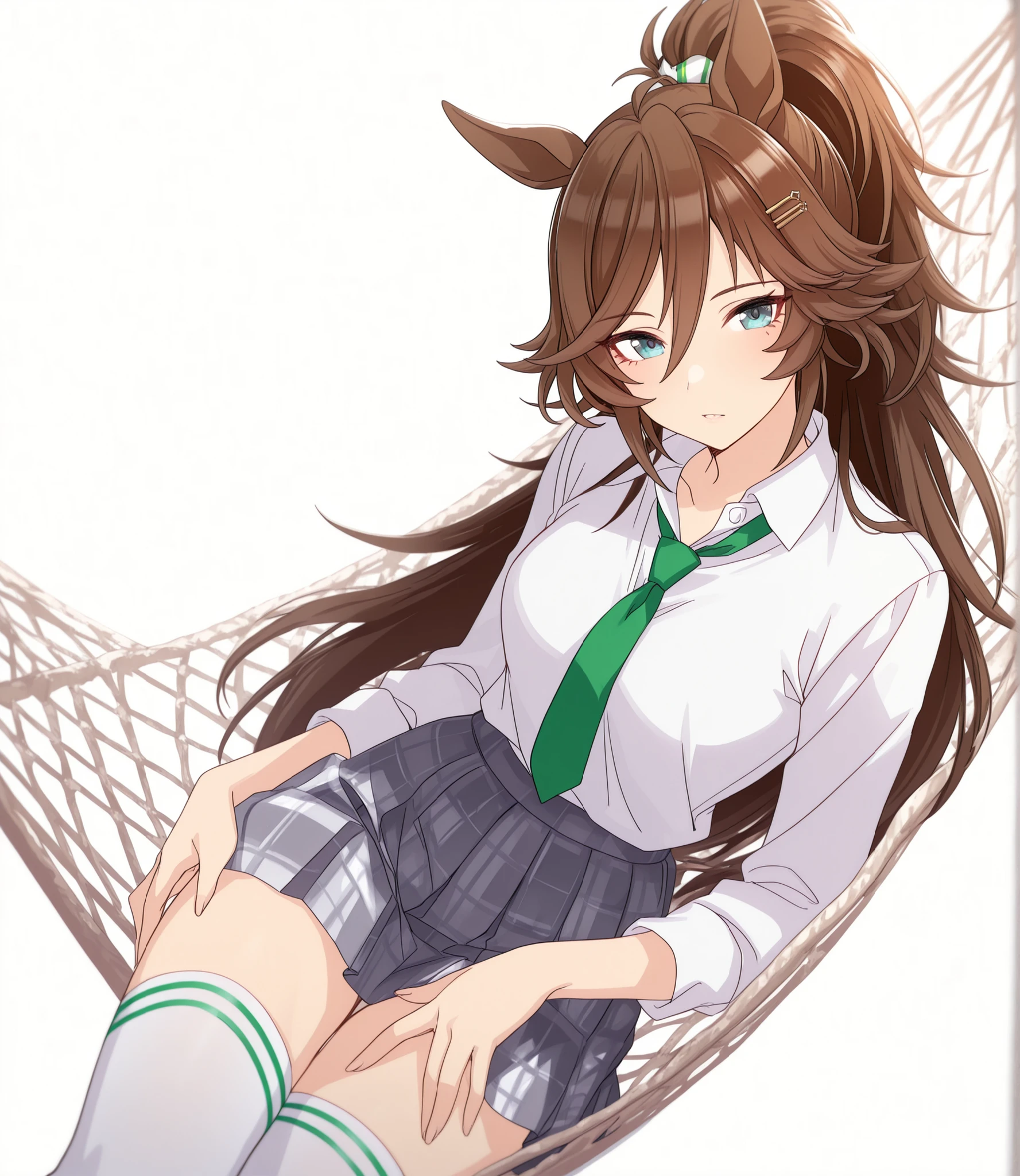 masterpiece, , absurdres, highres, detailed background, high resolution, masterpiece, necessary, detail, best quality, quality, necessary, details, High details, Precise, dark, (white background, simple background) , sunlight, ((dutch angle)), from above,
                                                                                                                                                                                                                         1girl, , umamusume style, tomari style, solo, <lora:XL-Tomari-veryberry00-ILXL:1>, (aged up:1.2), head tilt, sitting ,hammock, earing,
   
tall girl, mr. c.b. , (slim body, slim arms),  \(umamusume\), ((green blue eyes)), brown hair, hair ornament, ((high ponytail)), tsurime, (white shirt, opemn collared shirt), necktie, gray skirt, plaid skirt, white thighhighs,  ,long-sleeve, ((touching thigh)),  ,
(), , , small ,  looking at viewer, (half-shut eyes), ,  (pale skin), ((long thighs)),