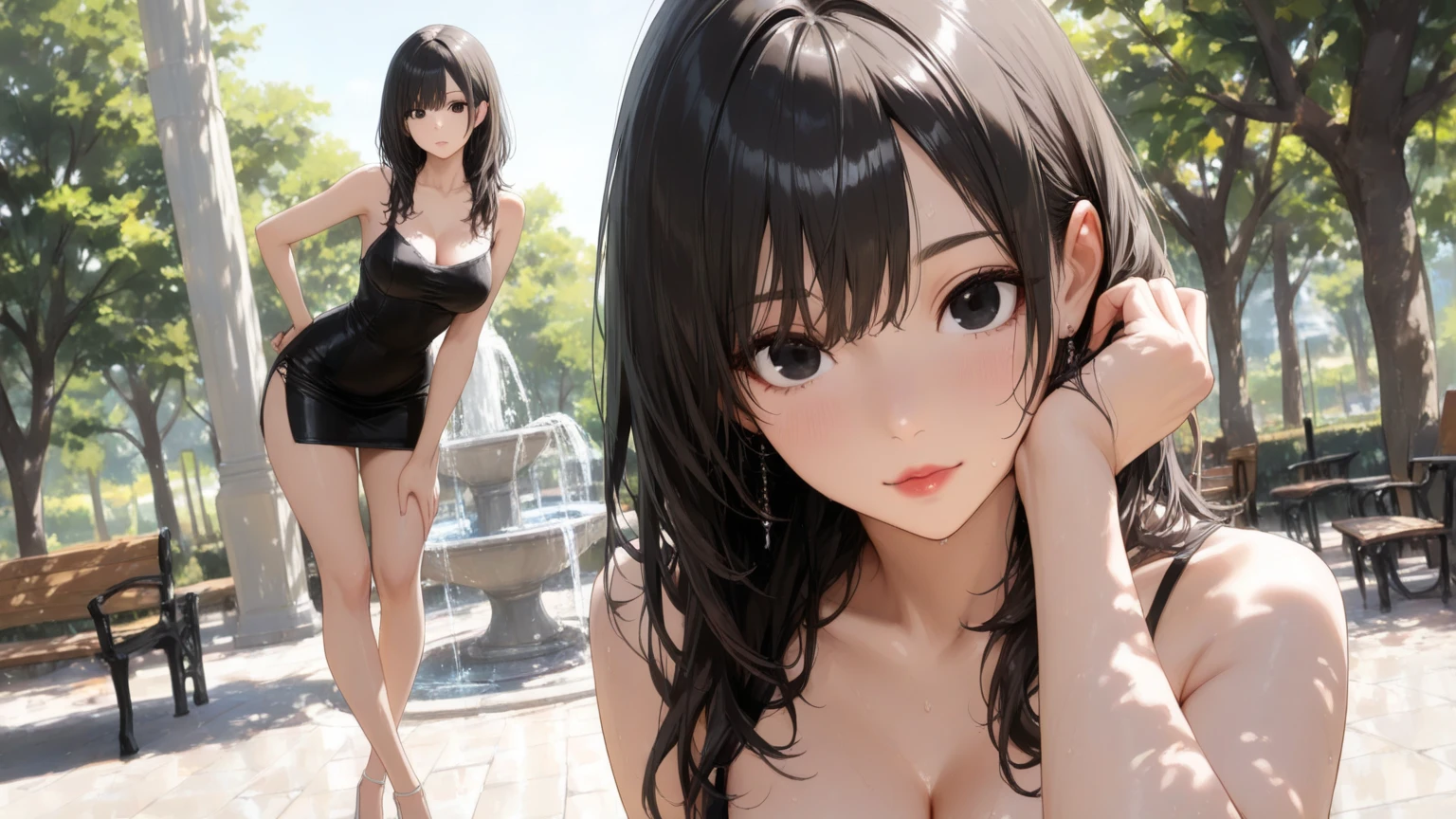 Highest quality、Cinematic lighting、 1 Female、On the street、In the crowd、Embarrassing、Wearing an Extreme String 、Spread your legs、Sweaty、Spread your legs、