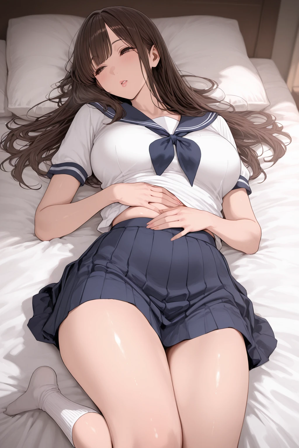 (((perfect , anatomically correct, super detailed skin))), 1 girl, japanese, high school girl, from front, shiny skin, watching the viewer, detailed hair, detailed face, detailed eyes, (long hair:1.5, brunette hair:1.7), bangs, hair between eye, light brown hair, brown eyes, mole under eye, lip gloss, beautiful body, beautiful , beautiful thighs, beautiful legs, , ((detailed cloth texture)), short sleeves, all dark blue cute sailor suit, dark blue pleated skirt, dark blue sailor collar, red sailor scarf, white socks, brown loafers)), white panties, smile, lying in bed, close eyes, sleeping, (8k, top quality, masterpiece​:1.2, extremely detailed), (realistic, photorealistic:1.4), beautiful illustration, natural lighting,