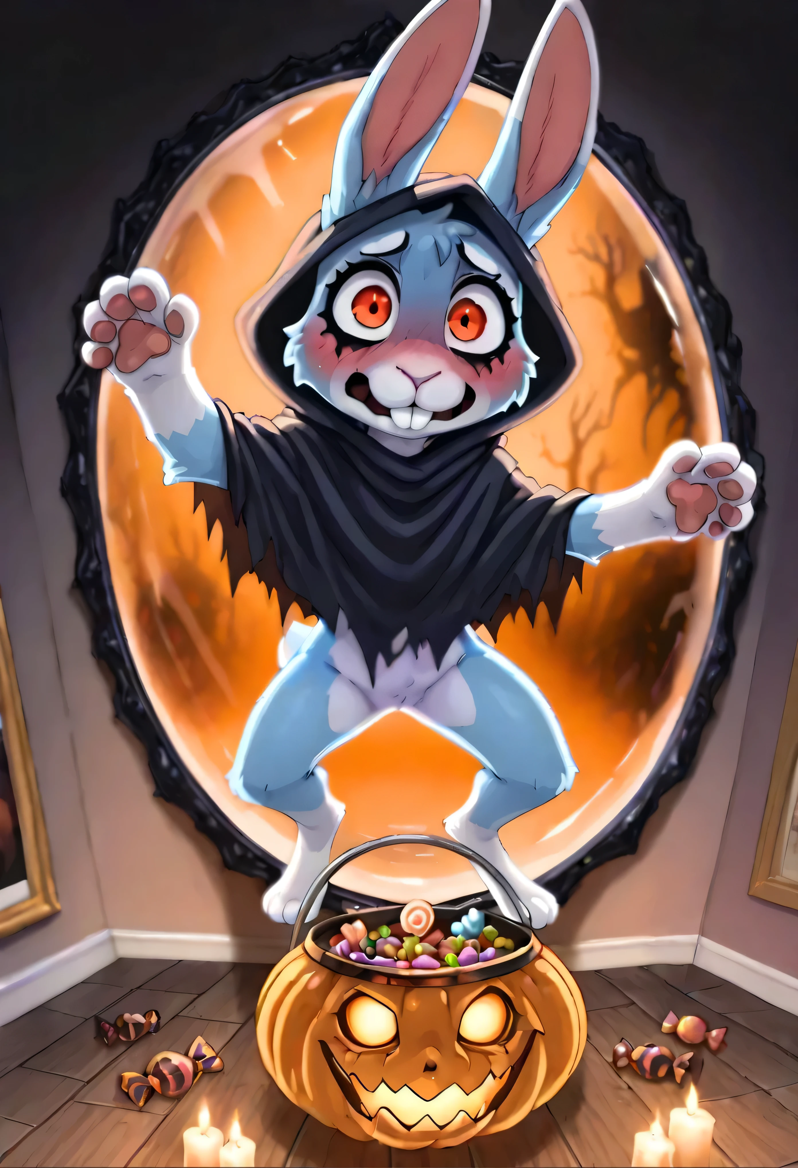 [Halloween-Theme] [🐰KuroRabbi] [Nether Realm], masterpiece, ultra-detailed, 4K render, Halloween night, warm cozy candlelight, glowing jack-o-lanterns, wooden floor, spooky but cute indoor setting, solo, KuroRabbi, character, chibi style, anime illustration, soft glowing shadows, magical pumpkins, ghost in the background, warm ambient lighting, (Horror settings:1.5), BREAK. [(character_1 rabbit, KuroRabbi, rabbit, anthro, DTkr, furs, buckteeth, slender, blue fur, paw, red eyes, black-makeup under_eyes, Halloween, clothed, black hood, wizard outfit, blushing, flustered, sneaky posture, wide glowing orange eyes, cute and nervous)], ((stuck in a glass-mirror, paw Pressed_glass)), candy in bucket, punch ground, shockwave, (coming out of a mirror),