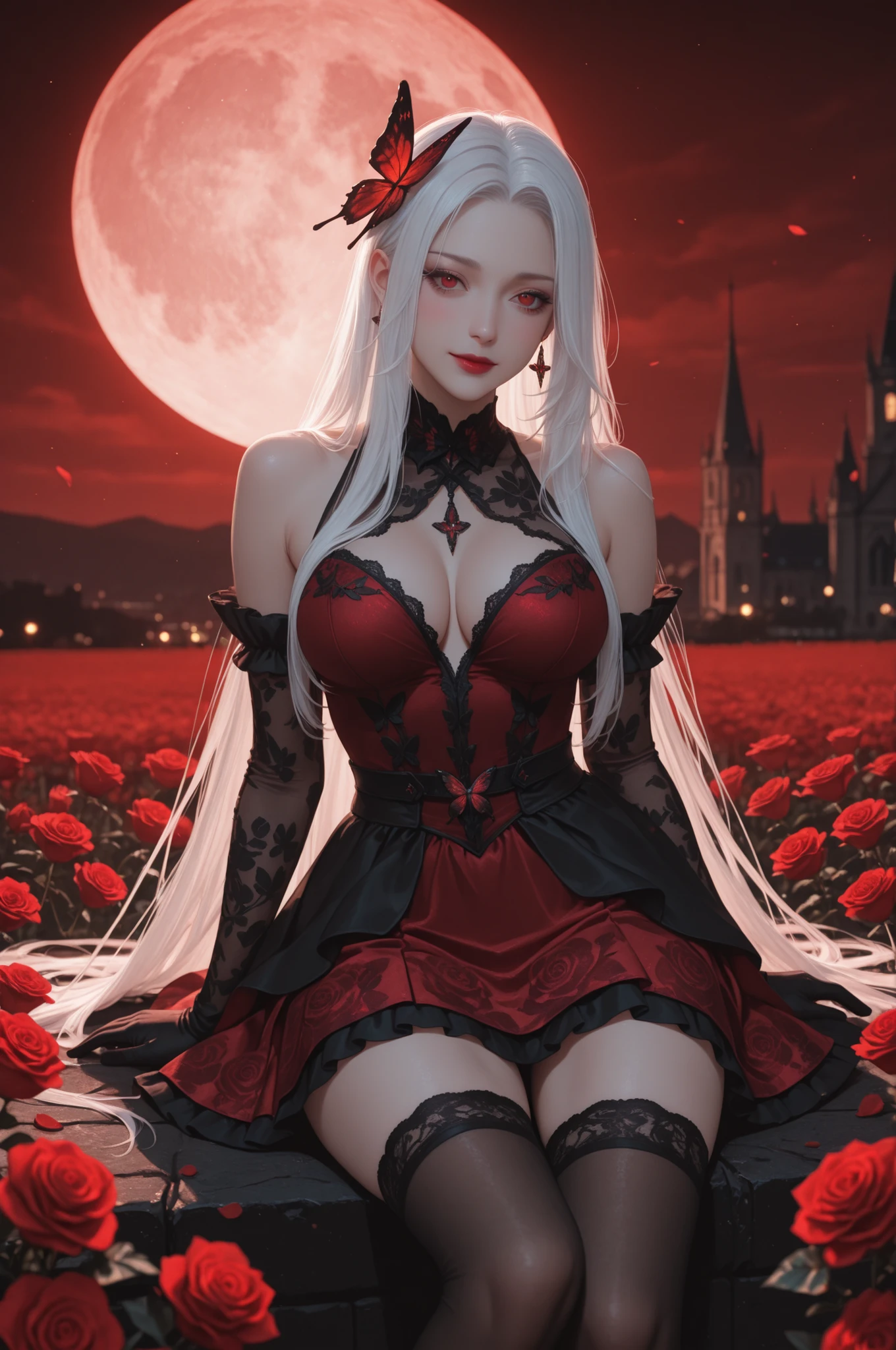 (4k, 8k, Ultra HD), masterpiece, best quality, ultra-detailed, very aesthetic, depth of field, best lighting, detailed illustration, detailed background, cinematic, BREAK ambient occlusion, raytracing, soft lighting, blum effect, absolutely eye-catching, intricate cinematic background, BREAK masterpiece, amazing quality, 8K, illustrating, CG, cute girl, eyelashes BREAK,
masterpiece, best quality, ultra-detailed, cinematic lighting, portrait of a beautiful woman with long flowing white hair, red eyes, wearing an elegant ruffled white and deep white and red dress with intricate lace and floral embroidery, surrounded by red roses flowers against a dark blood-red misty background, soft ambient light highlights her face and the glossy textures of her dress, blush, highly detailed digital painting style, dark fantasy aesthetic, gothic beauty, moody atmosphere, realistic skin texture with luminous highlights, shallow depth of field, playful expression, closed mouth, makeup, lipstick, short dress, moon, moonlight, butterfly, dynamic pose, stockings, sleeveless dress, exposed shoulders, skirt like flower, elaborate dress, floral accessories skirt, long gloves, field, sitting
