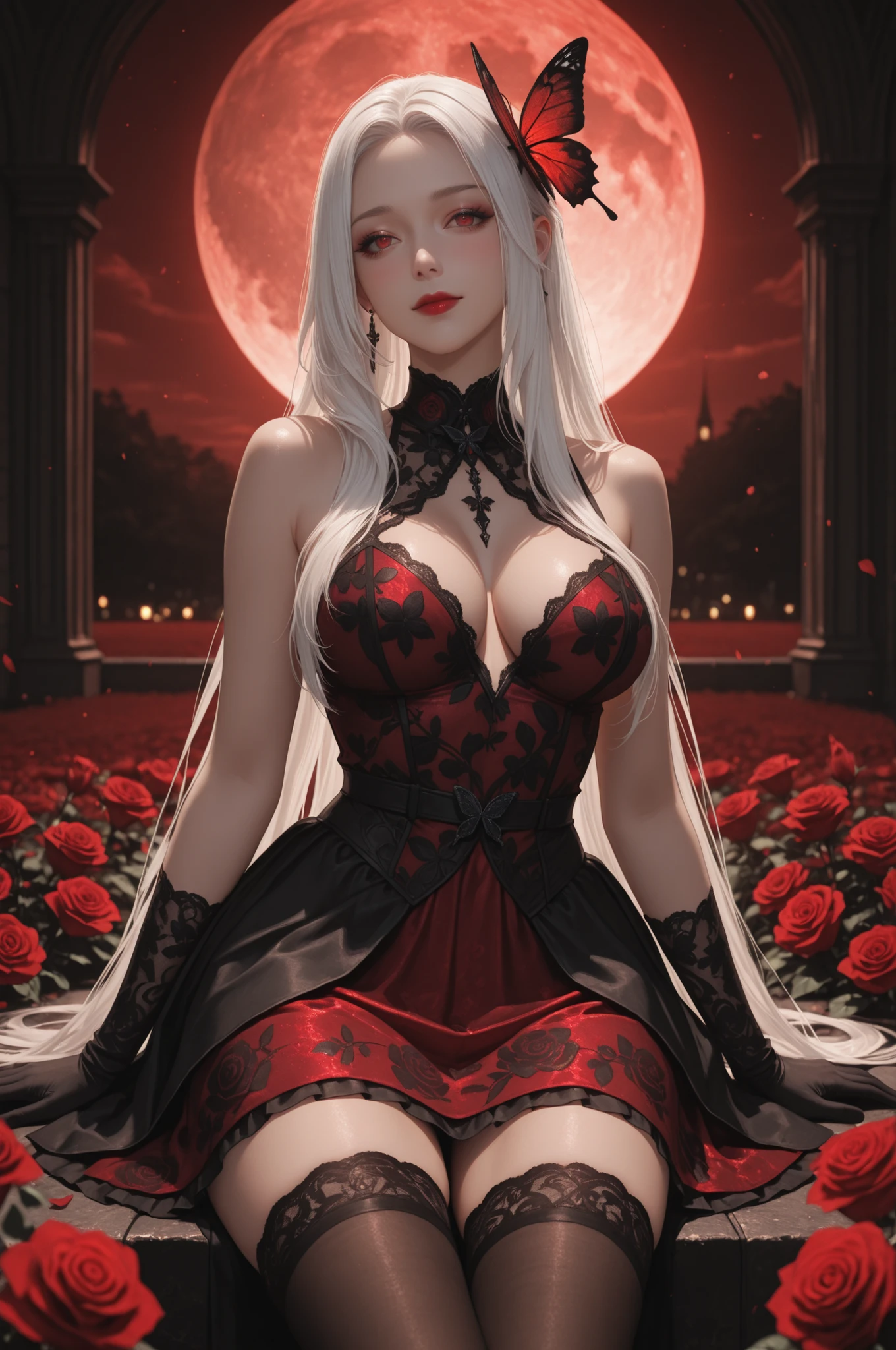 (4k, 8k, Ultra HD), masterpiece, best quality, ultra-detailed, very aesthetic, depth of field, best lighting, detailed illustration, detailed background, cinematic, BREAK ambient occlusion, raytracing, soft lighting, blum effect, absolutely eye-catching, intricate cinematic background, BREAK masterpiece, amazing quality, 8K, illustrating, CG, cute girl, eyelashes BREAK,
masterpiece, best quality, ultra-detailed, cinematic lighting, portrait of a beautiful woman with long flowing white hair, red eyes, wearing an elegant ruffled white and deep white and red dress with intricate lace and floral embroidery, surrounded by red roses flowers against a dark blood-red misty background, soft ambient light highlights her face and the glossy textures of her dress, blush, highly detailed digital painting style, dark fantasy aesthetic, gothic beauty, moody atmosphere, realistic skin texture with luminous highlights, shallow depth of field, playful expression, closed mouth, makeup, lipstick, short dress, moon, moonlight, butterfly, dynamic pose, stockings, sleeveless dress, exposed shoulders, skirt like flower, elaborate dress, floral accessories skirt, long gloves, field, sitting
