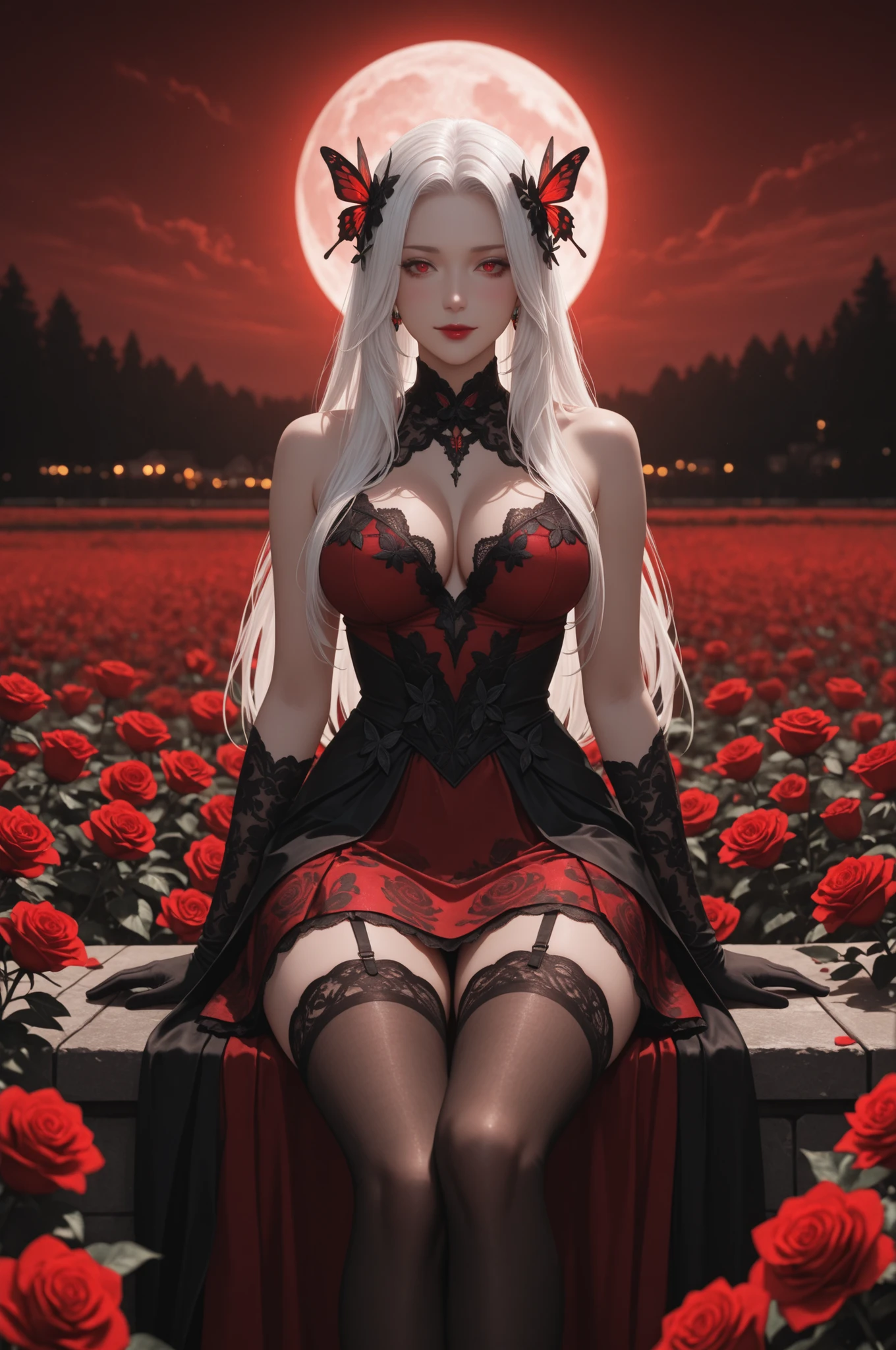 (4k, 8k, Ultra HD), masterpiece, best quality, ultra-detailed, very aesthetic, depth of field, best lighting, detailed illustration, detailed background, cinematic, BREAK ambient occlusion, raytracing, soft lighting, blum effect, absolutely eye-catching, intricate cinematic background, BREAK masterpiece, amazing quality, 8K, illustrating, CG, cute girl, eyelashes BREAK,
masterpiece, best quality, ultra-detailed, cinematic lighting, portrait of a beautiful woman with long flowing white hair, red eyes, wearing an elegant ruffled white and deep white and red dress with intricate lace and floral embroidery, surrounded by red roses flowers against a dark blood-red misty background, soft ambient light highlights her face and the glossy textures of her dress, blush, highly detailed digital painting style, dark fantasy aesthetic, gothic beauty, moody atmosphere, realistic skin texture with luminous highlights, shallow depth of field, playful expression, closed mouth, makeup, lipstick, short dress, moon, moonlight, butterfly, dynamic pose, stockings, sleeveless dress, exposed shoulders, skirt like flower, elaborate dress, floral accessories skirt, long gloves, field, sitting
