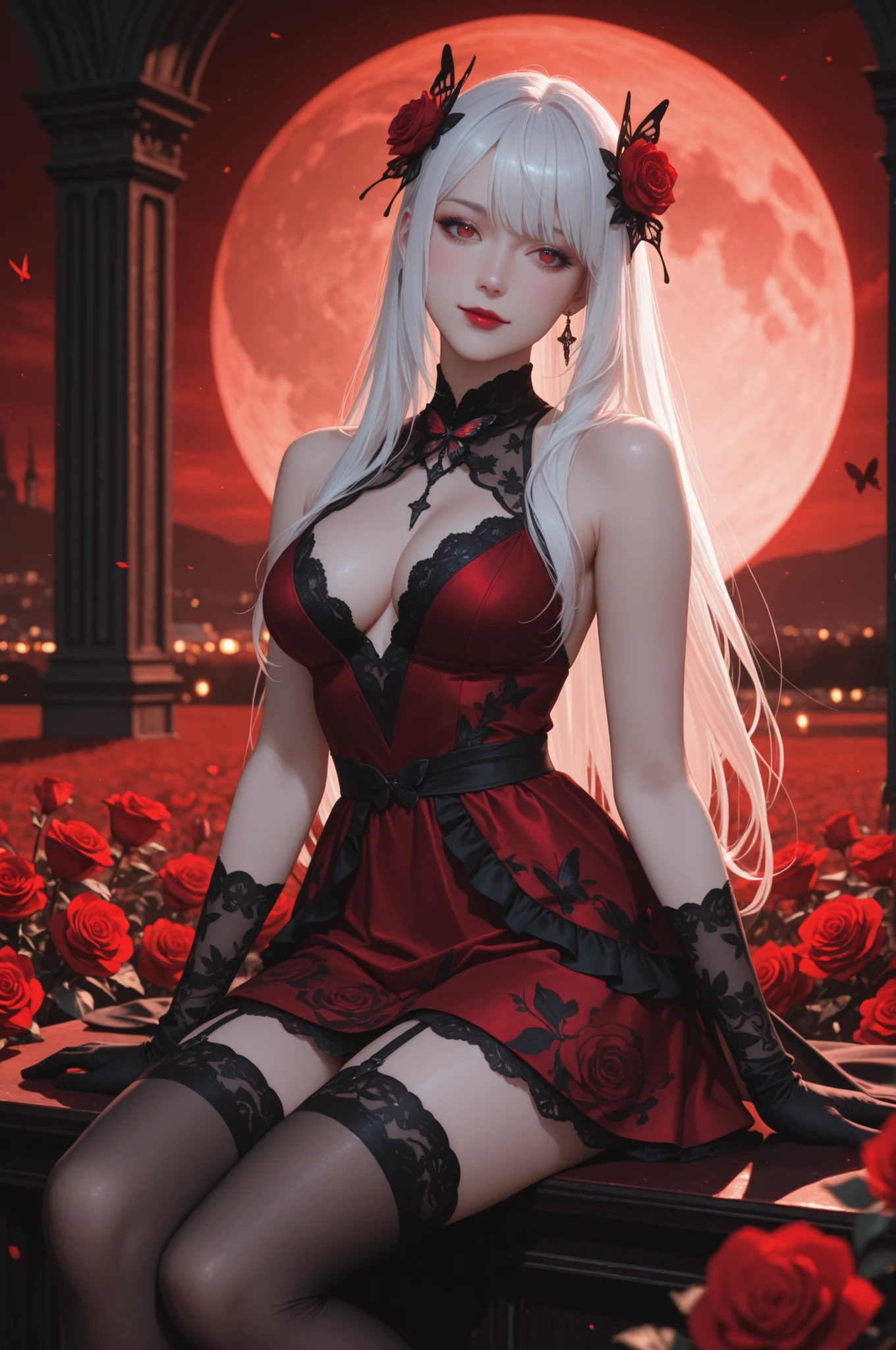 (4k, 8k, Ultra HD), masterpiece, best quality, ultra-detailed, very aesthetic, depth of field, best lighting, detailed illustration, detailed background, cinematic, BREAK ambient occlusion, raytracing, soft lighting, blum effect, absolutely eye-catching, intricate cinematic background, BREAK masterpiece, amazing quality, 8K, illustrating, CG, cute girl, eyelashes BREAK,
masterpiece, best quality, ultra-detailed, cinematic lighting, portrait of a beautiful woman with long flowing white hair, red eyes, wearing an elegant ruffled white and deep white and red dress with intricate lace and floral embroidery, surrounded by red roses flowers against a dark blood-red misty background, soft ambient light highlights her face and the glossy textures of her dress, blush, highly detailed digital painting style, dark fantasy aesthetic, gothic beauty, moody atmosphere, realistic skin texture with luminous highlights, shallow depth of field, playful expression, closed mouth, makeup, lipstick, short dress, moon, moonlight, butterfly, dynamic pose, stockings, sleeveless dress, exposed shoulders, skirt like flower, elaborate dress, floral accessories skirt, long gloves, field, sitting
