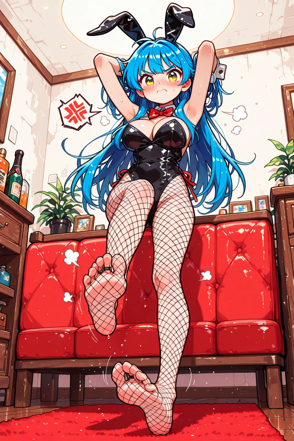 score_9, score_8_up,score_7_up, source_anime, 1girl, solo, EPpkNessa, blue eyes, black hair, blue hair, streaked hair, single hair bun, dark skin, dark-skinned female, pink sweater dress, cable knit, short dress, sleeveless, bare arms, cleavage cutout, fishnets, black legwear, sitting, on couch, crossed legs, smile, hand up, V