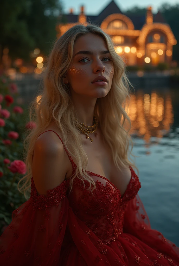 A full-body, stunning, high-resolution, high-quality long-distance shot of a medieval fantasy woman with soft golden-blonde hair cascading in loose waves, glowing fair and flawless skin, and plump, glossy lips. Her eyes are deep and inviting, with a calm, sultry expression. She wears a sheer, silver-lilac draped outfit with golden embroidery  two-piece , huge D-cup breasts & cleavage, rest of the body parts are . The  shows her toned stomach and curvaceous hourglass body. She is standing inside a mystical blue lagoon, her body and dress are wet, and water drops all around her body. surrounded by warm glowing lanterns, East-Asian-style wooden pavilions, and rising mist with wall lanterns. The scene radiates elegance and sensuality. Full-body cinematic shot, HDR, 8k, masterpiece, best quality, hyper-realistic skin texture, vivid focus, dynamic soft lighting, magical twilight ambience.