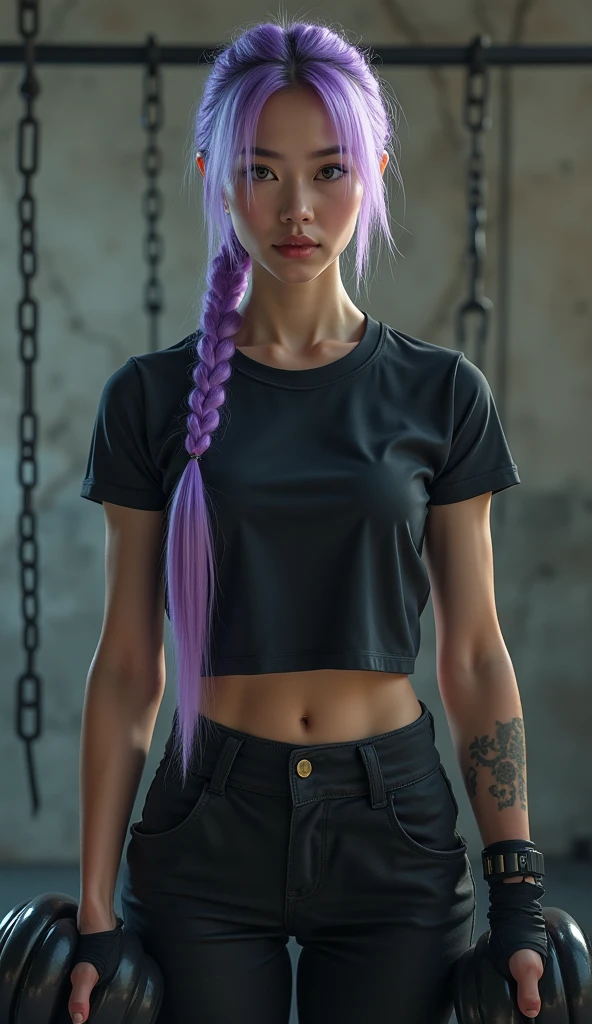 there is a woman in a purple shirt posing for a photo, 40-year-old woman, wearing a purple t-shirt, 40-year-old woman, sweating intensely, tired, half closed, sweating, sweating a lot, sweating 4k, portrait photo, violet tight tank top, profile image , sweaty face, 3/4 solo portrait, suitable photo, black background. She is wearing a vibrant pink-purple sports tank top and mixed shorts (((blue-gray-green-black))), suggesting an active lifestyle or athletic attire for working out. Sharp photo, high quality, high resolution (ultra quality masterpiece), Ultra HD, high contrast, 16K. Masterpiece: 1.3, high resolution, (photographically realistic), , , NFSW.