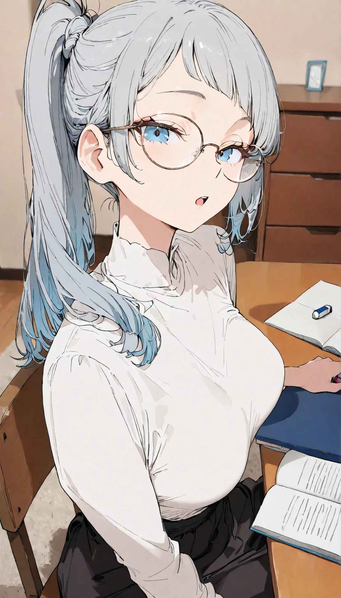 Masterpiece, top quality, very detailed , close-up, animation style, Japanese illustration style, Beautiful mature woman with a perfect body, slim, (silver hairstyle, long layered hair, tousled layers, soft asymmetrical bangs, short bangs, ponytail), blue eyes, large breasts, alone, face, look at viewer. open mouth. living room, sitting on chair. desk, book, pencil, eraser, chest, white blouse, black long skirt, glasses. innocent look, A curious look.