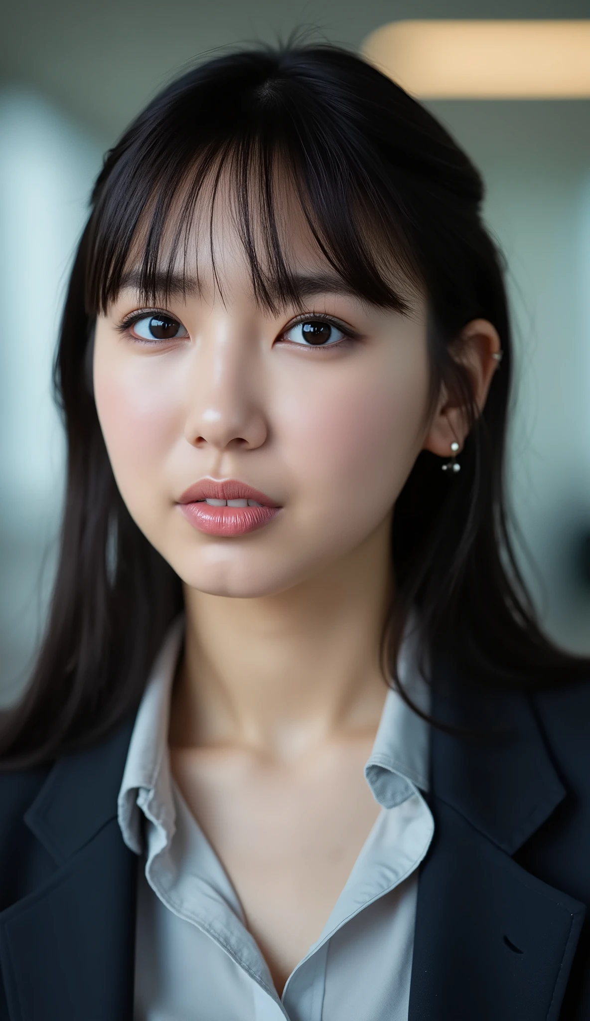 Neat Young Woman、looking at the camera、office lady suit、jacket、shirt、Ear piercings、has bangs 、dark eyeshadow、、No expression、has closed its mouth、face close-up、The background is office