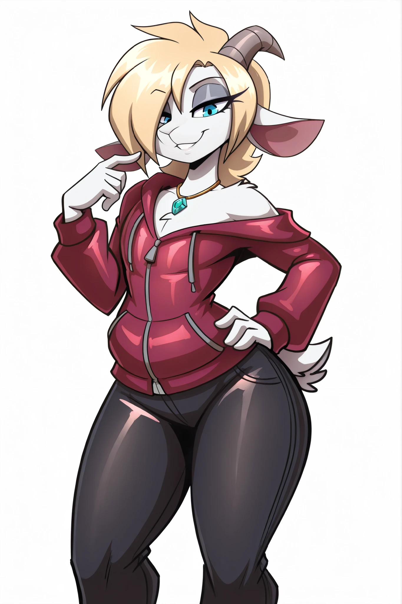 (solo), anime/manga style, best quality, high resolution, absurdres, BREAK, (adult), uploaded on danbooru, uploaded on e621, [by rick griffin:0.5], (by jizoku, by inu-sama), [by zeekzag], by sssonic2, [by mastergodai:0.2], [by chalo:0.32], by r-mk, [by joaoppereiraus], [by jrvanesbroek:0.4], (anthro, lamb, pale white body:1.1), (femboy male, feminine body, breastless), (sea blue eyes, eyelashes, grey eyeliner), (straight medium feminine hair, light blonde hair, hair over eye), (red jacket, black top, black jeans), (gem necklace), (lidded eyes, sassy, sexy, adorable, small parted smile), floof, blue pendant emitting ice particles, ((looking down at viewer, low-angle shot)), noblewoman pose, horns