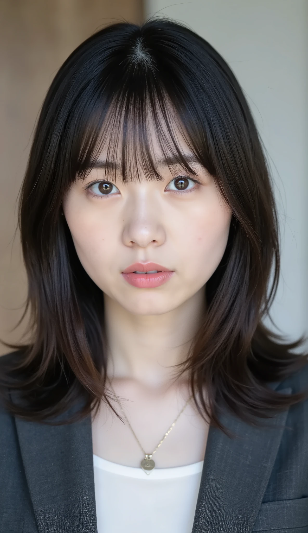 Neat Young Woman、and look at the camera、office lady suit、jacket、shirt、necklace、、ear piercing、前髪あり、No expression、has closed its mouth、顔のクローズアップ、The background is office