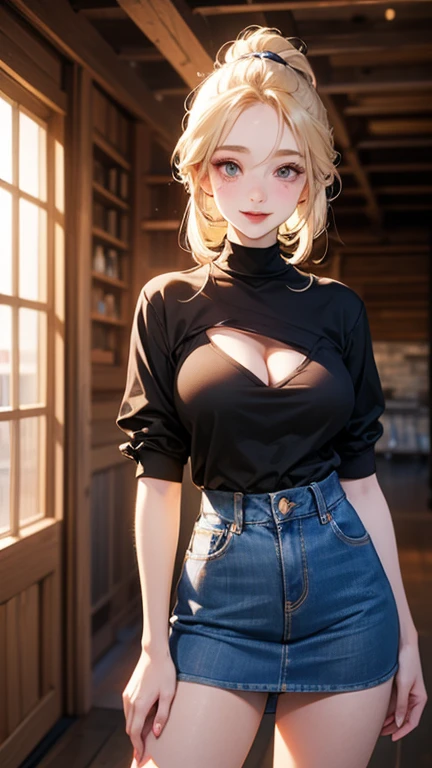 A 23-year-old white woman with unparalleled beauty.、blue eyess、dark blonde、hair is wavy、Bob Hair、Wearing a ribbon headband on her head、The ends of the hair are curled upwards、Standing in a row of ginkgo trees with autumn leaves、a smile、View from the front、wearing black tanktop、wearing a black choker、I'm wearing hot pants made of jeans fabric with tight distressing.、You have one hand in your pocket、The navel is out、My abs are cracked、Slender yet well-proportioned body、sunlight is shining from above、Photorealistic images、8K picture quality、I'm punching my chest、I don't want my head to disappear from the screen.、The color of the jacket is random、I'm wrapping my jacket around my waist、I'm pulling my hair up、Wearing accessories on your wrist、Only one leg is wearing thigh-high orange stockings.