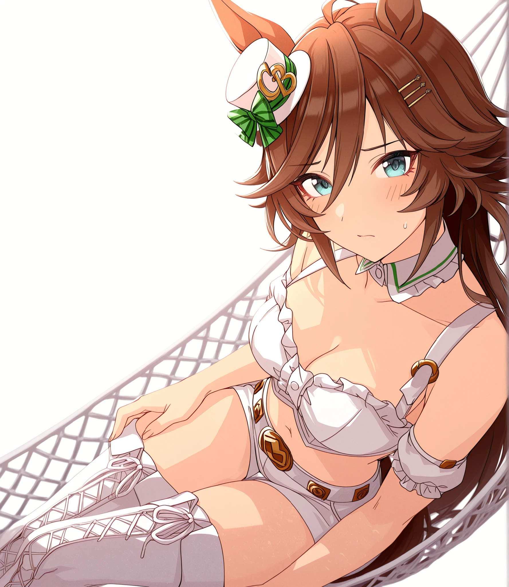 masterpiece, , absurdres, highres, detailed background, high resolution, masterpiece, necessary, detail, best quality, quality, necessary, details, High details, Precise, , (white background, simple background), (((dappled sunlight, sunlight)),((dutch angle)), from above,
                                                                                                                                                                                                                         1girl, , umamusume style, tomari style, solo, <lora:XL-Tomari-veryberry00-ILXL:1>, (aged up:1.2), head tilt, sitting ,hammock, earing,
   
tall girl, mr. c.b. , (slim body, slim arms),  \(umamusume\), ((green blue eyes)), brown hair, hair ornament, ((low ponytail)), tsurime, (maid clothes), shorts, , (flilled boots, thigh boots) , ((touching thigh)), embarrassed ,
(), , , small , cleavage,  looking at viewer, (half-shut eyes), ,  (pale skin), ((long thighs)),
