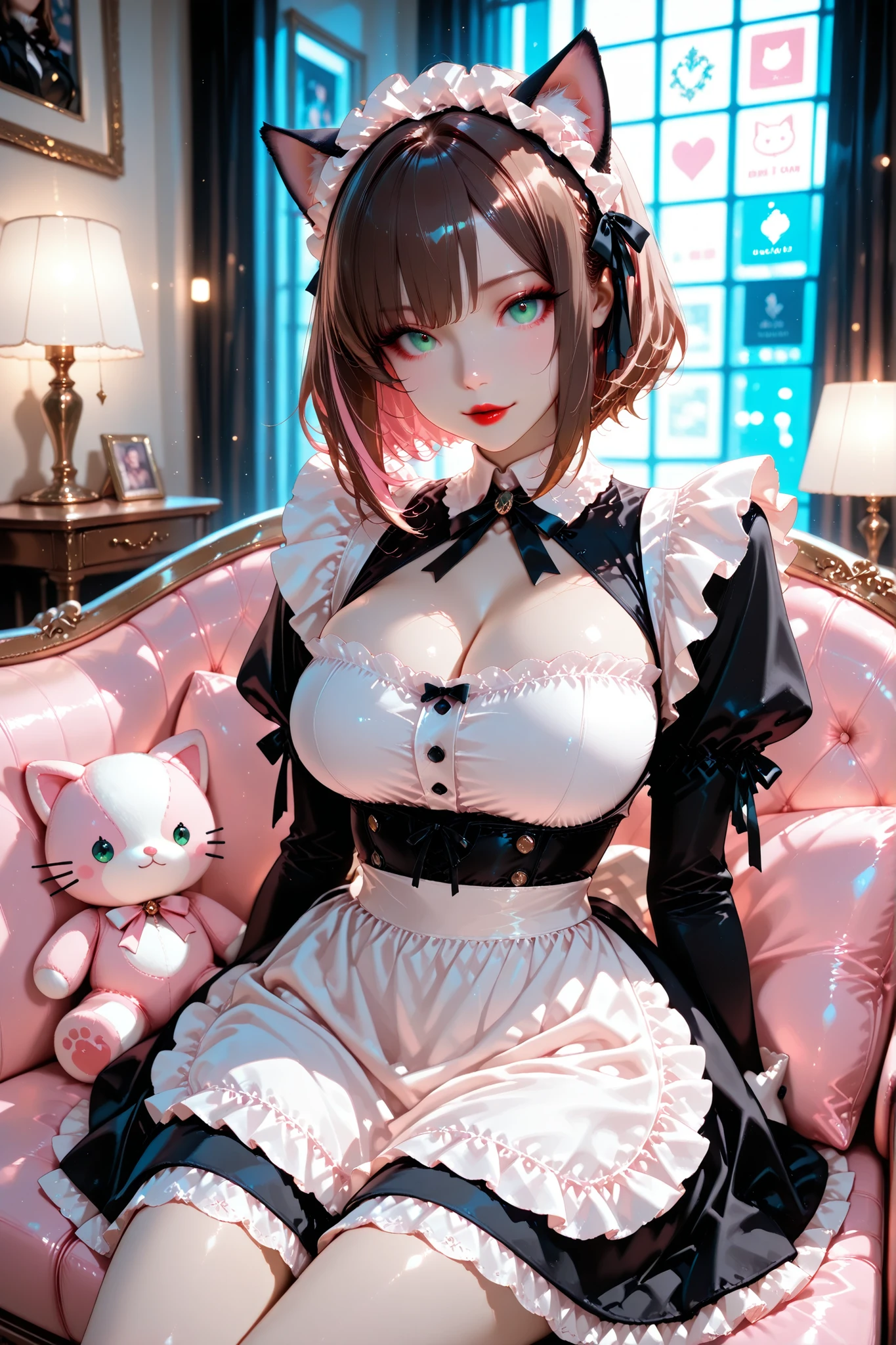 (masterpiece, 8k, absolutely-resolution, ultra-detailed, rich-contrast), pixiv-trending tone.

a gothic-inspired catgirl, cute face, beautiful skin, large breasts, chin-length chestnut-brown hair, with smooth lighter tips, green eyes, red lips, with cat ears that match hair color.

she wears a maid cosplay.
sitting on the chaise longue, glance at the viewer, medium shot.

A bedroom filled with plush toys, pastel pink and white decorations, dim lights.