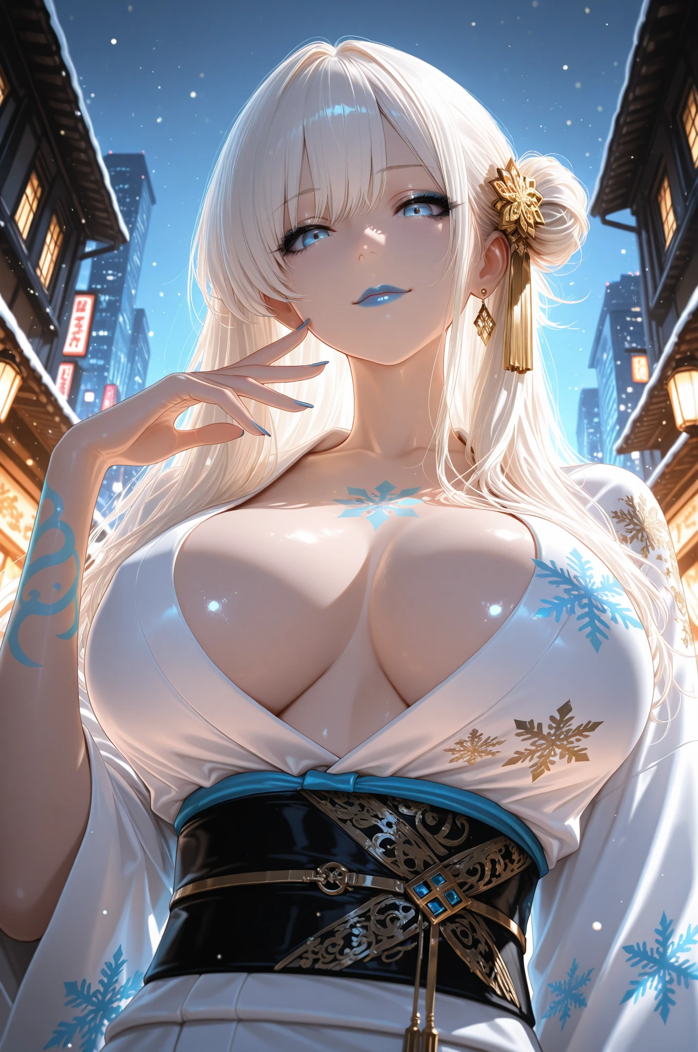 Big and round breasts, she is beautiful ((She is shy and beautiful Wolf Girl)), (voluminous, flowing and shiny soft white hair), double eyelids, blue eyes, clear and detailed, hyper detailed, clear effect on the eyes, iris detailed, sensual body, ((wearing a kimono in a fantasy style, stylish dropped shoulders with beautiful medieval details, cool and beautiful)), neckline, ((masterpiece, hyper realistic, hyper detailed, best quality, 16k, light and shadow in skin, bright colors), eyeliner, thin eyebrows, sensual expression, perfect lips, innocent and sexy face, ((skin with light and shadow), beautifully  and embarrassed woman, passionate expression, cute smile ((she is beautiful, with body voluminous)),  with the viewer, beautiful, charming, on the terrace of a building, in the open air, ((variable sensual poses leaning while sitting)) ((On the city bridge))