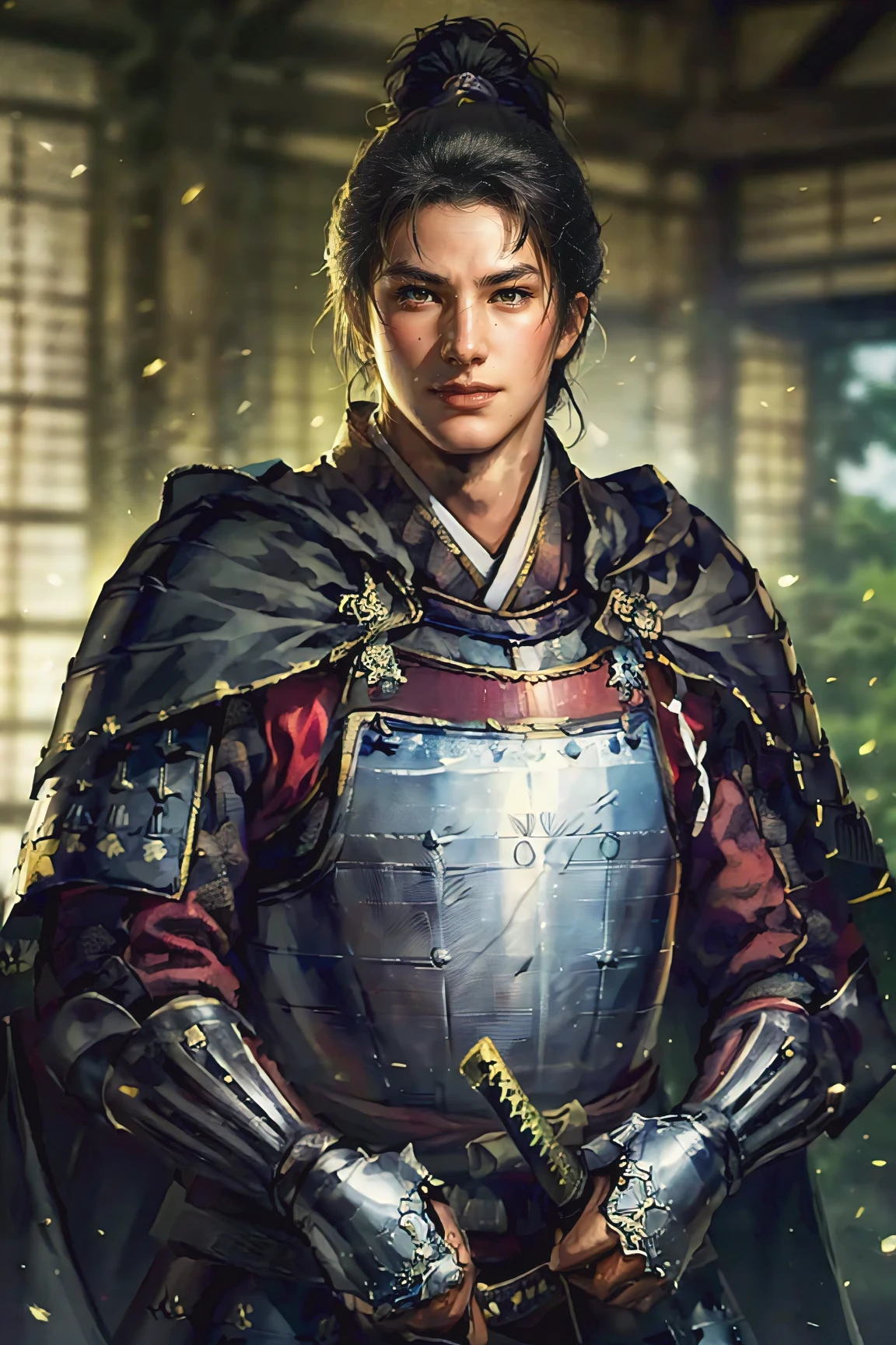 (Mathieu Piece, Highest Quality:1.2, masterpiece), cowboy shot doing a prayer pose, A 30-year-old man, Clearly depict the boundary between the Sengoku warlord, Fearless Smile, is full of confidence, Exquisite shading, viewers, long black hair perfectly set, ((black eyes, sexy, cool eyes, Saggy Eyes, Eyes drawn symmetrically)), (((handsome Japanese:1.1, Small Faces, Beautiful Youth, A transcendental handsome man with a straight nose:1.3))), ((, a beautiful large black cloak worn over armor, Detailed embroidery)), ((toned body:1.2,muscular)), thick arms, accurately drawn hands and fingers, (Sharp Eyes), (((Nanban Gutaku from the Sengoku period in Japan, Silver Western Armor:1.2, Japanese swords drawn in detail:1.2, Put your hands under armor:1.2, Dynamic pose, sweeping aside a cape with one hand:1.3))), clearly depicts the boundary between the person and background, bright background ,from below, blurry background, He is a hero called God of War who commands many soldiers on the battlefield