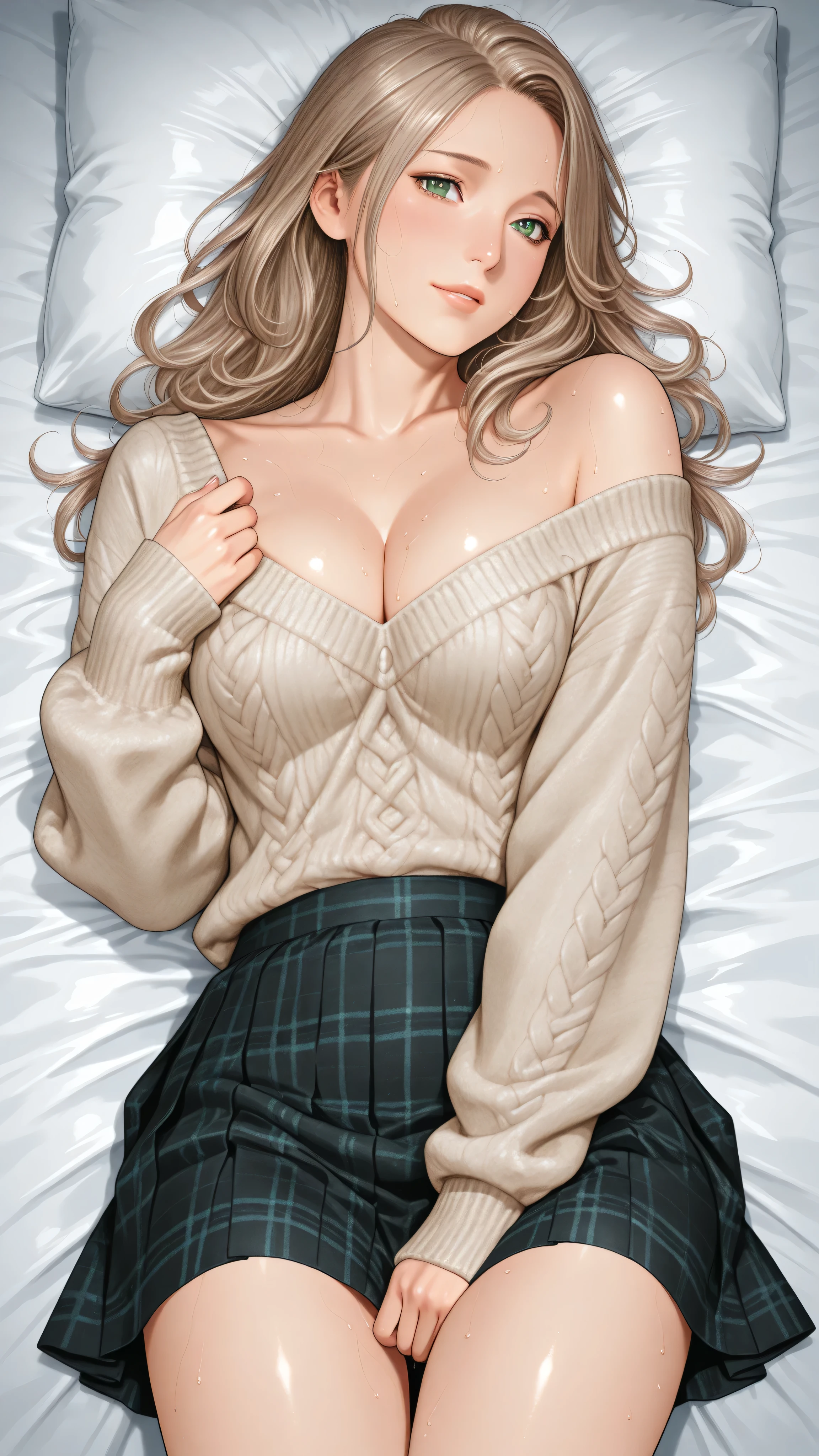 A milf woman with light brown hair and green eyes lying on a bed. She wears a cream-colored, oversized sweater that is partially pulled up to reveal her chest, and a dark green and black plaid skirt. Her expression is playful and inviting, with a slight smile and flushed cheeks. Sweat droplets are visible on her skin, adding to the sensual atmosphere. The style is detailed and realistic, with careful attention to shading and texture.