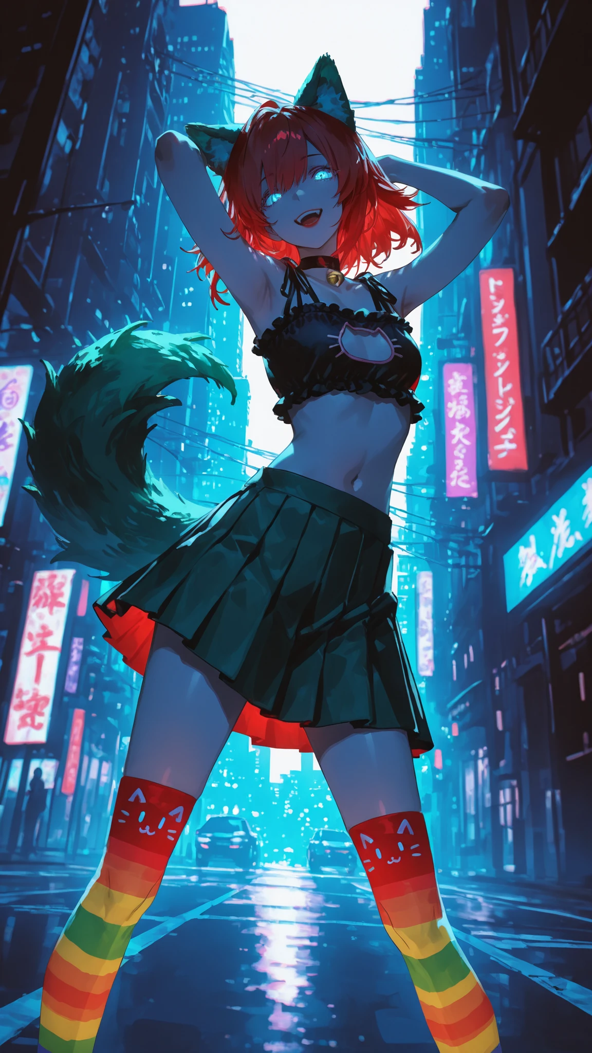 1girl, u u zan, Masterpiece, amazing quality, 8k, ultra detailed, refined details, chill, high resolution, HD, masterwork, digital illustration, 7481llu, LDSCH, dynamic pose, glowing eyes,, dynamic angle, crisp outlines, vibrant colors, soft shading, bright lighting, ultra-detailed, high contrast, backlighting, bokeh, volumetric lighting, lipstick, blurry, depth of field, absurdres, best quality, newest, very aesthetic, wolf ears, wolf girl, small breasts, short red hair, blue eyes, two color hair, red and green hair, red hair in front, cat lingerie, green wolf tail with red tail end, small breasts, short red hair, rainbow pleated skirt, rainbow crop top, rainbow thigh high socks, happy, fashion pose, city street