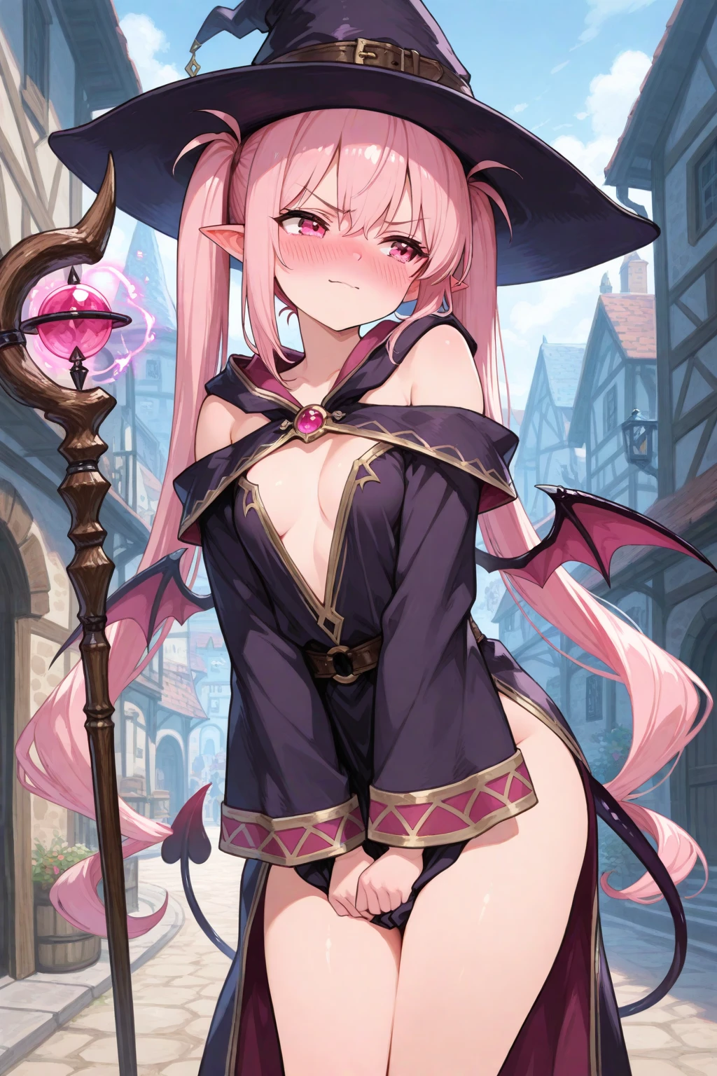 ????, masterpiece, 1 girl, ????? ???????, intricately detailed, ???????, navel, black skirt, ???? shoulders, necklace, night, witch hat, ????? ???????, puffy ???????, extremely detailed, photorealistic, octane render, 8 k, unreal engine, ???? ???????, ???????, ???? stomach, sweaty, moist breath, small ??????? smiling, collarbone, wet body, saliva, drooling, pink hair, ray of lights, encore, green eyes, holding wizard staff, embarrassed, forest, trees, grass field, long skirt, waist pouch, sarong, jeweled staff, elbow gloves, long hair, hoop earring
